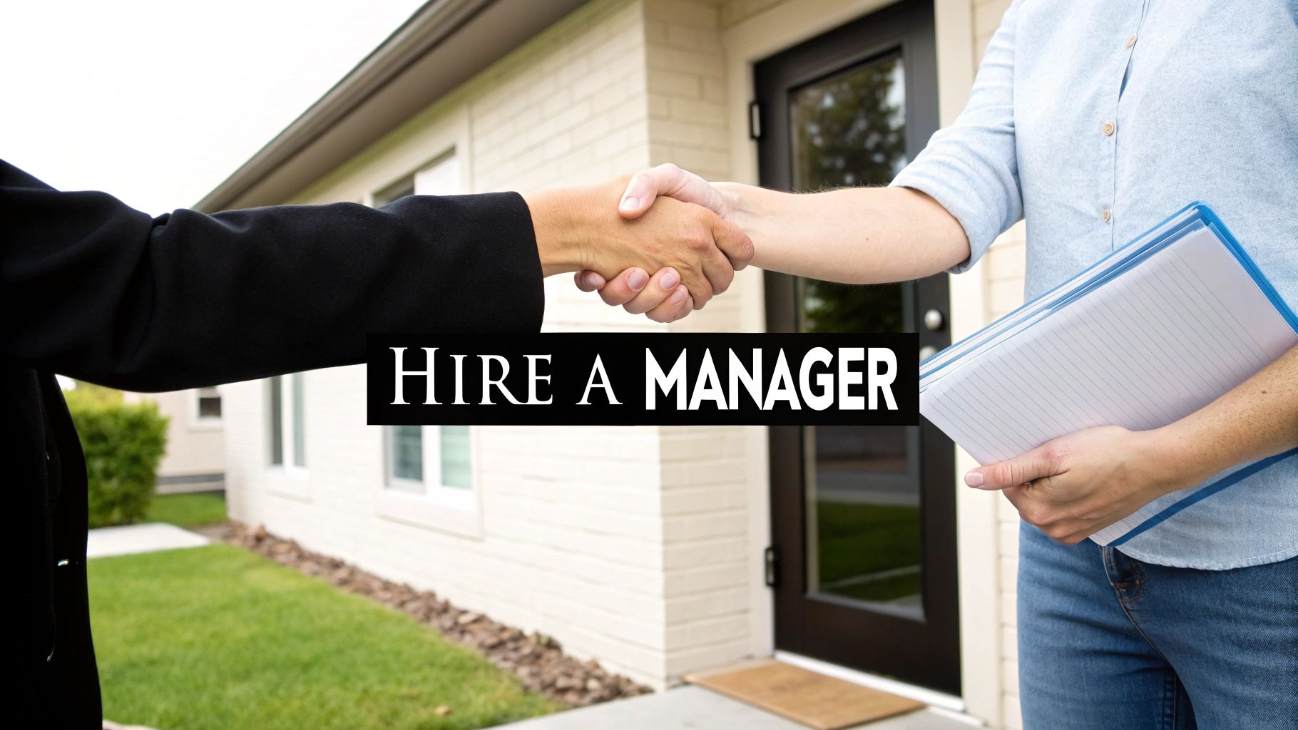 Property manager and homeowner shaking hands in front of residential building entrance