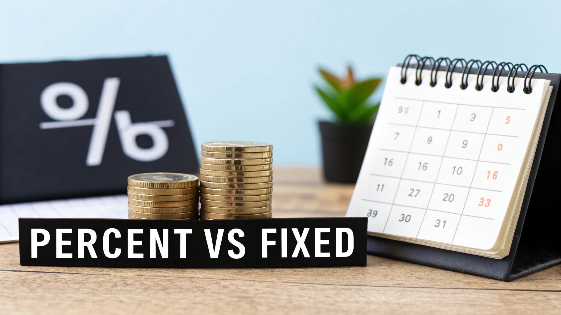 Desk with coins, a calendar, a percentage sign, and text 'PERCENT VS FIXED', symbolizing financial choices.
