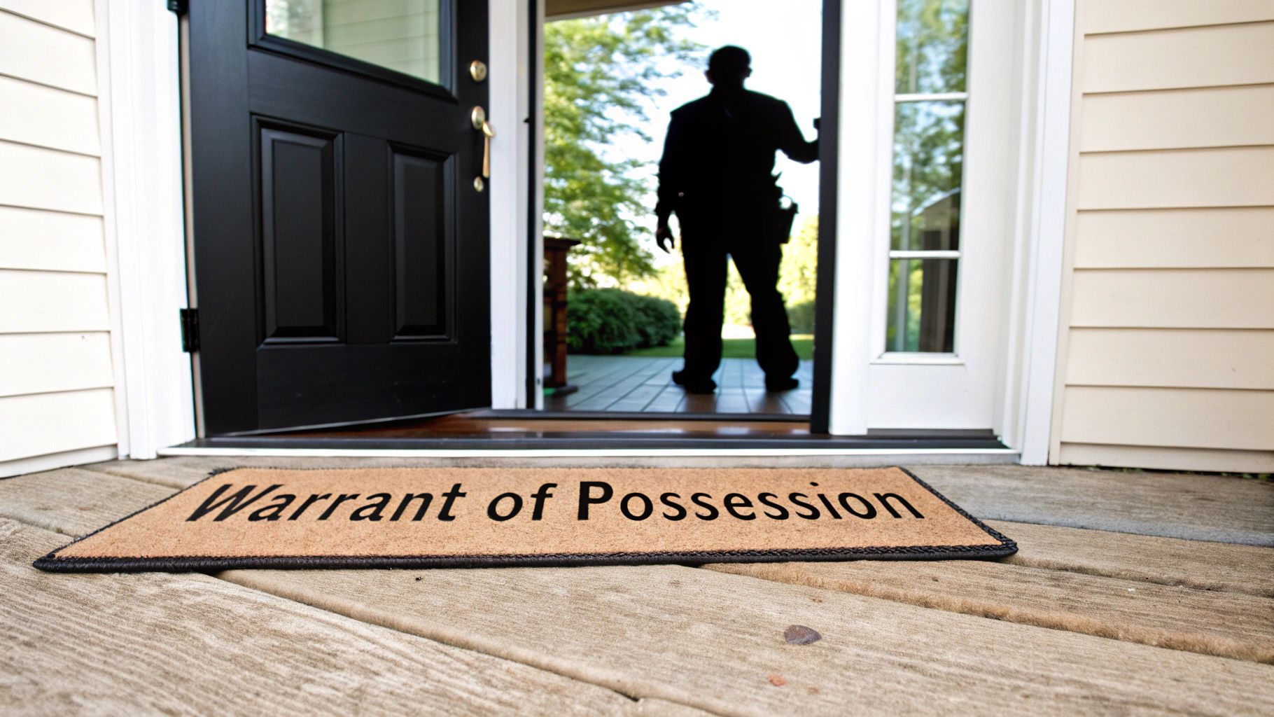 A doormat reading 'Warrant of Possession' on a wooden porch, with a silhouetted person standing in an open doorway.
