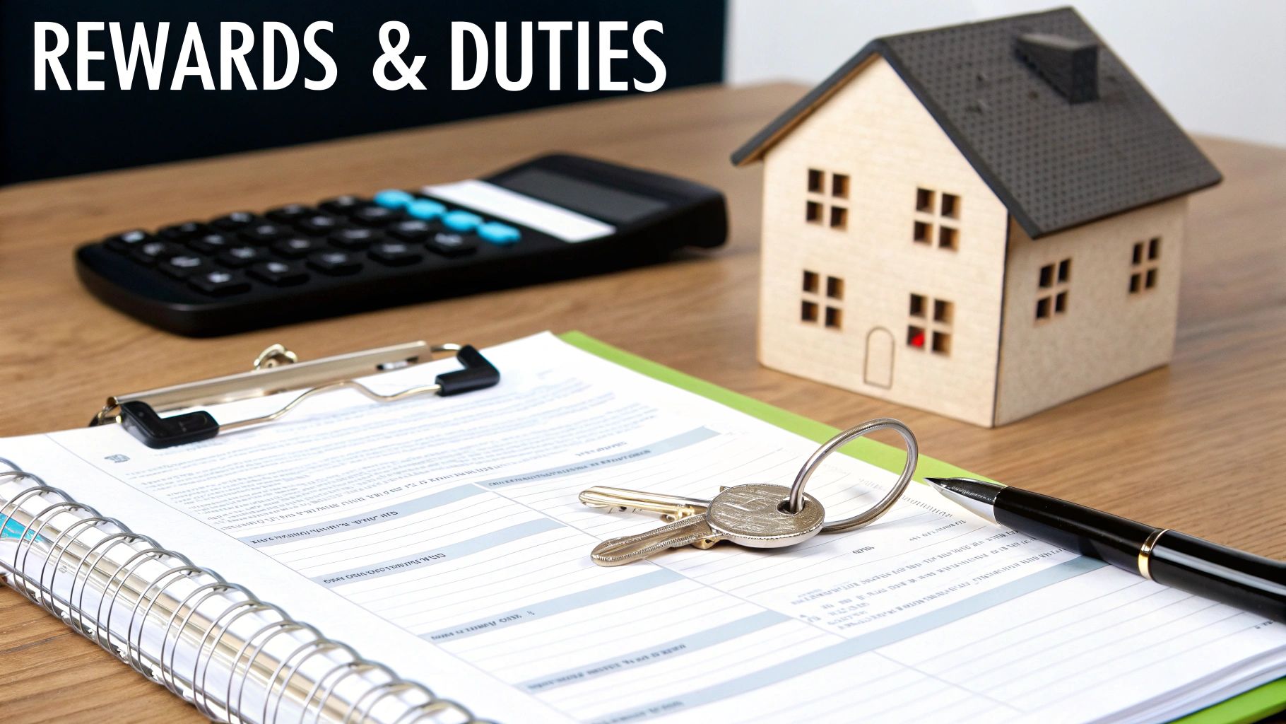 Real estate property management documents with house model, keys, calculator and pen on desk