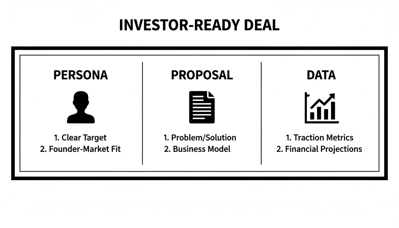 A clear diagram detailing the essential components of an investor-ready deal, covering persona, proposal, and data aspects.