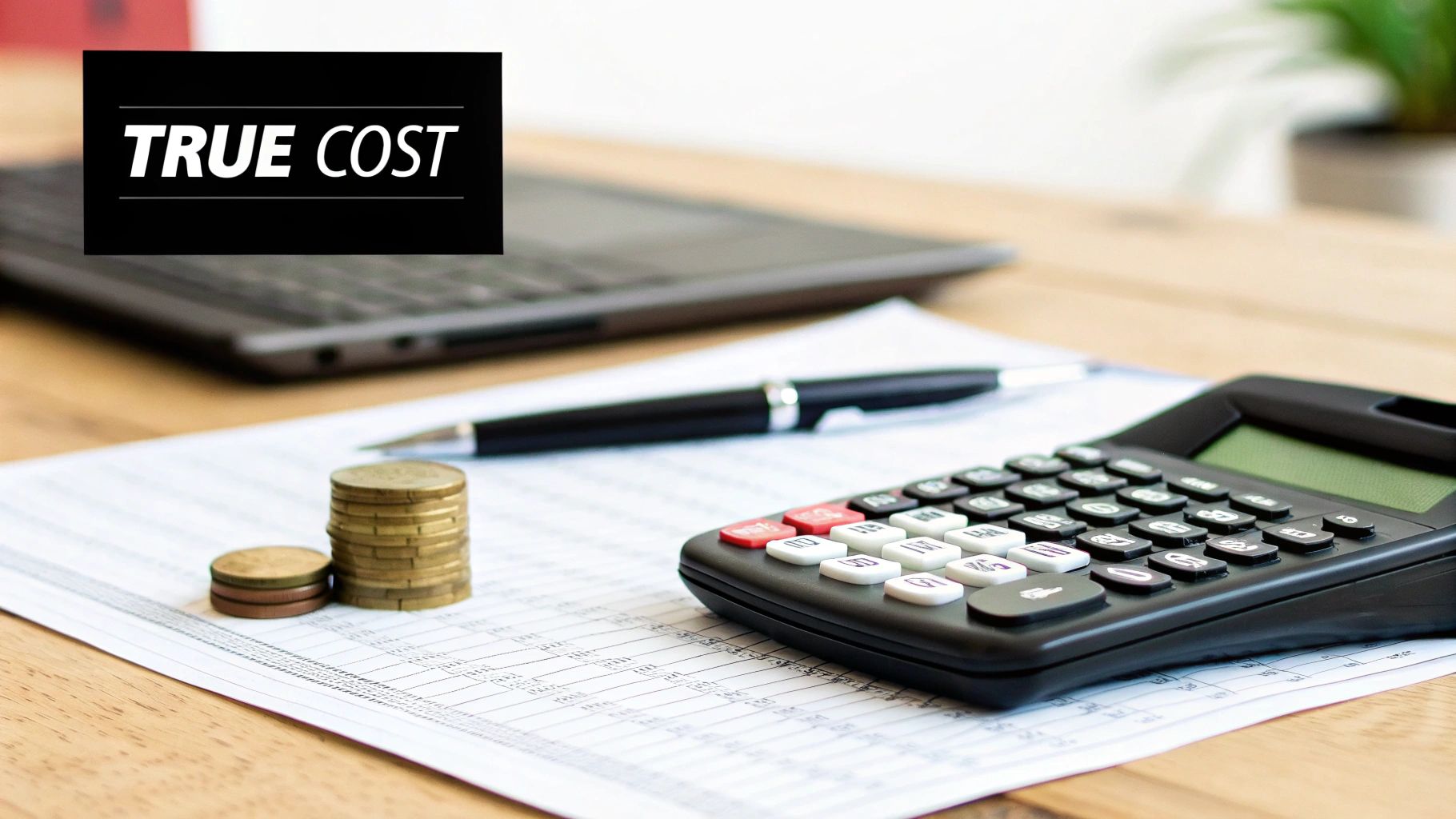 Desk with a calculator, pen, coins, and 'TRUE COST' text, symbolizing financial analysis.