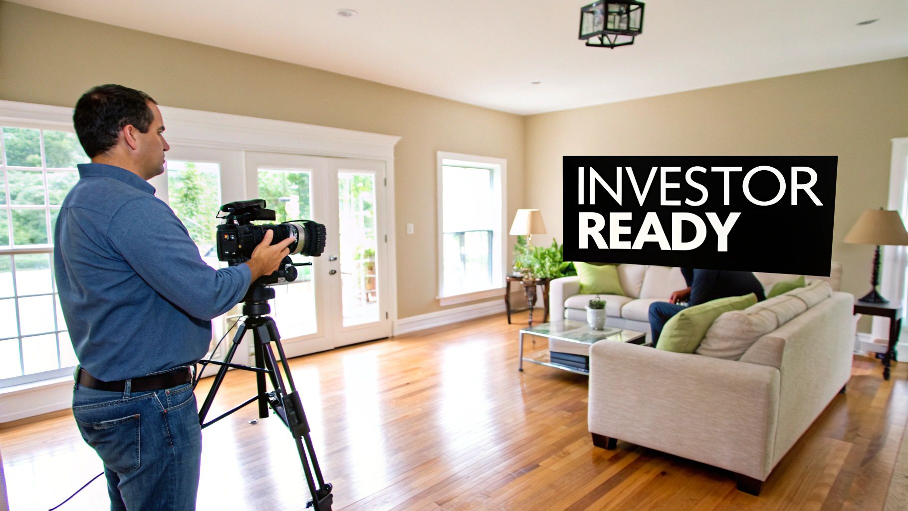 A man films another person on a sofa in a bright living room for an “Investor Ready” video.