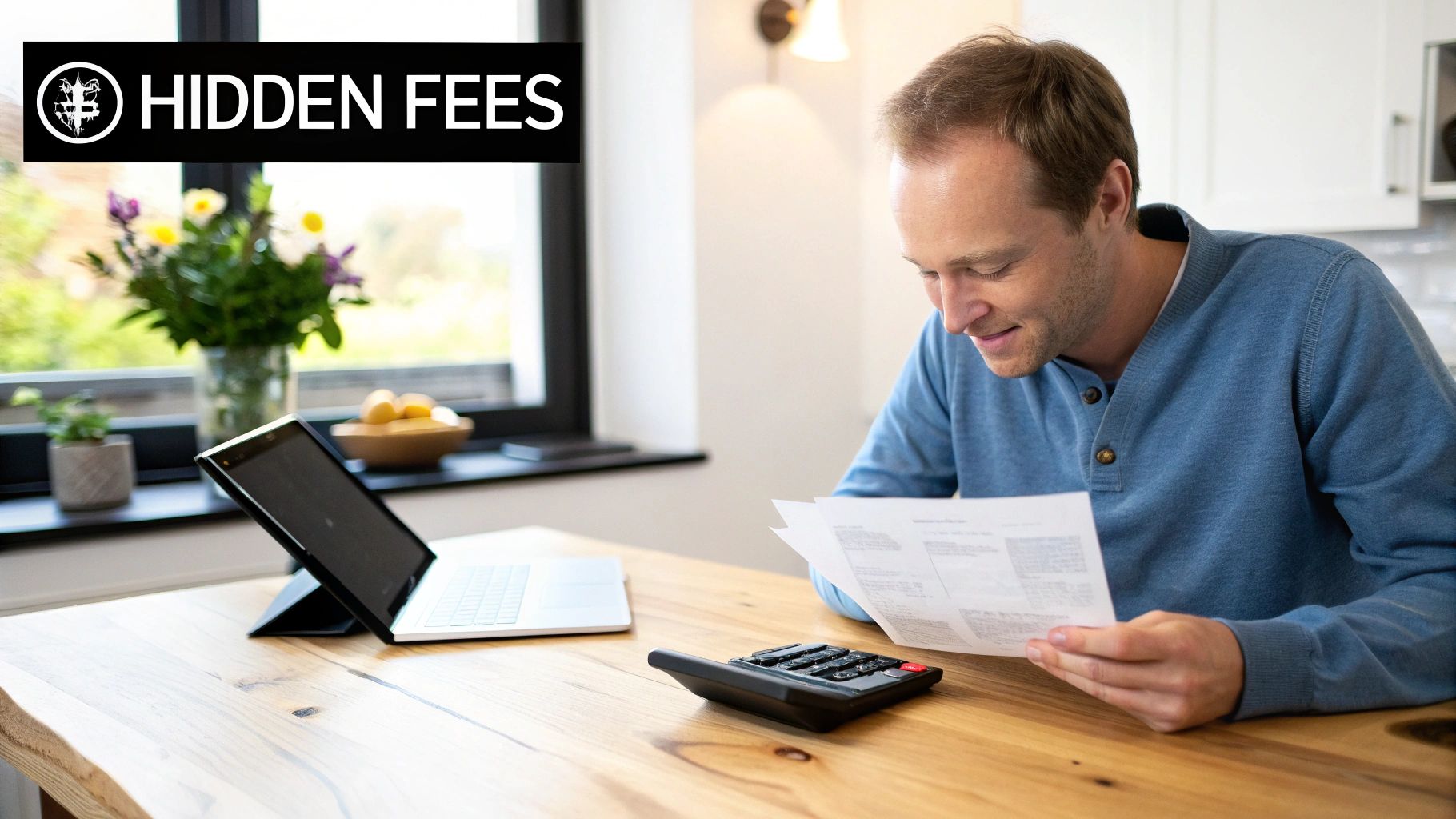 A man reviews financial documents with a calculator and laptop, with a "HIDDEN FEES" banner.