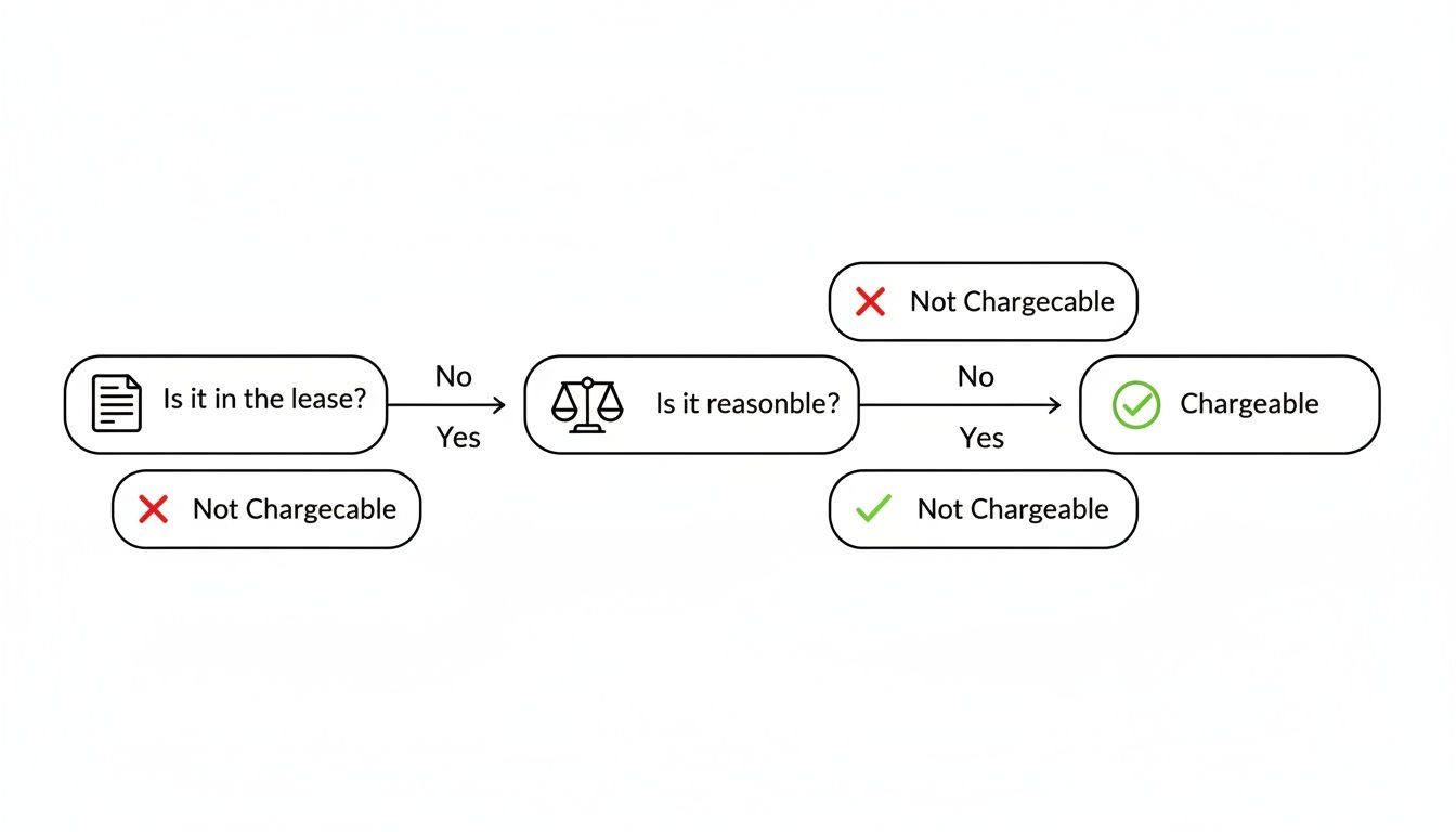 A flowchart determining chargeability, asking if an item is in the lease and if it is reasonable.