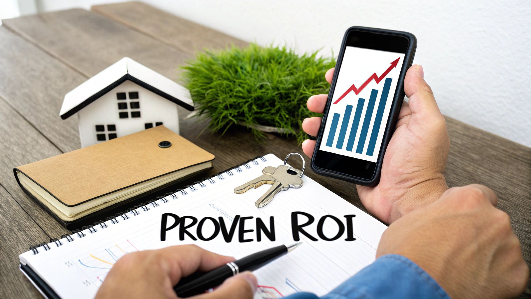 A hand holds a phone displaying a financial growth chart, next to a house model, keys, and 'PROVEN ROI' written in a notebook.