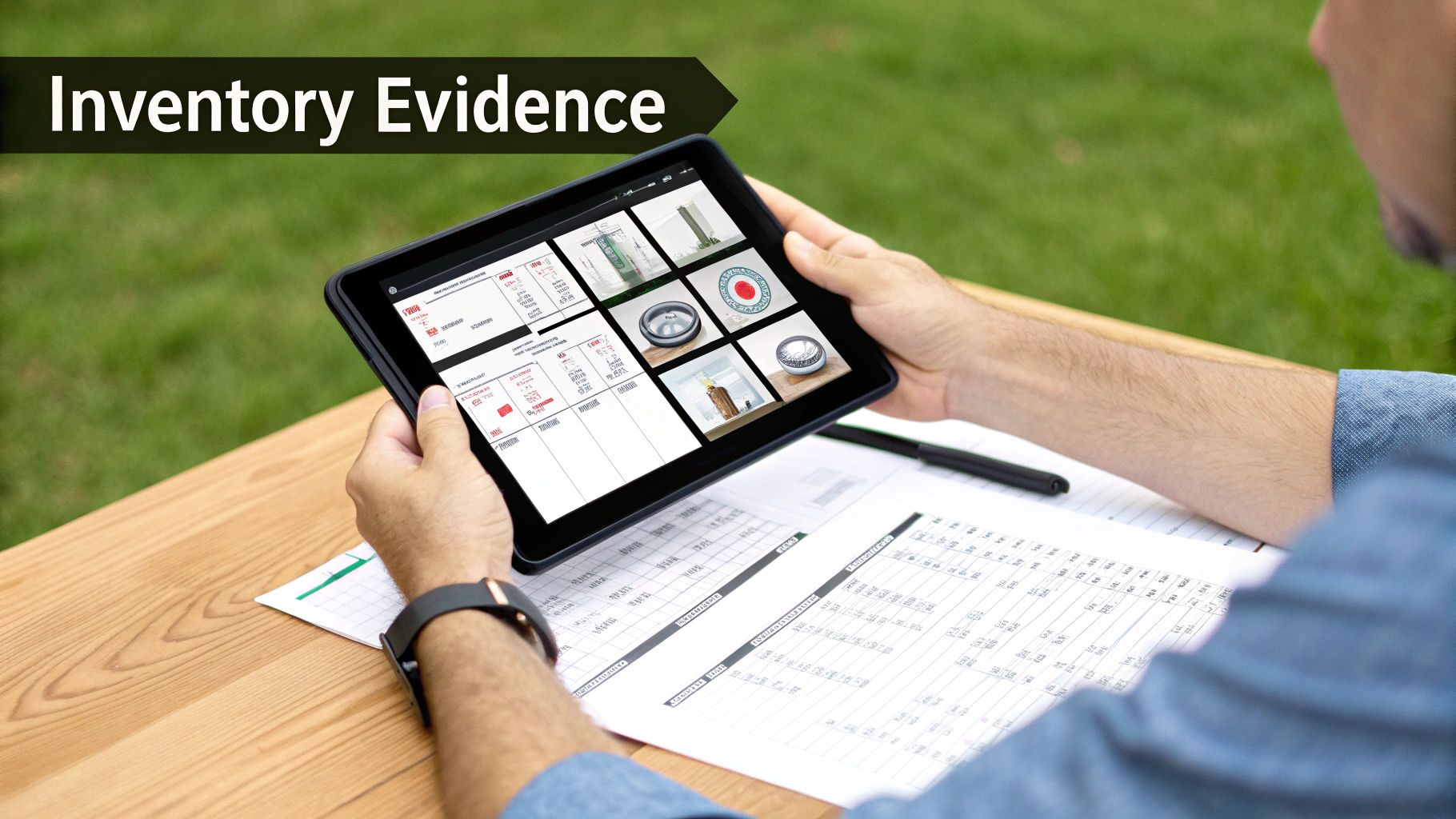 A person taking a detailed photograph of a clean kitchen worktop with a smartphone, documenting the property's condition. Fair wear and tear