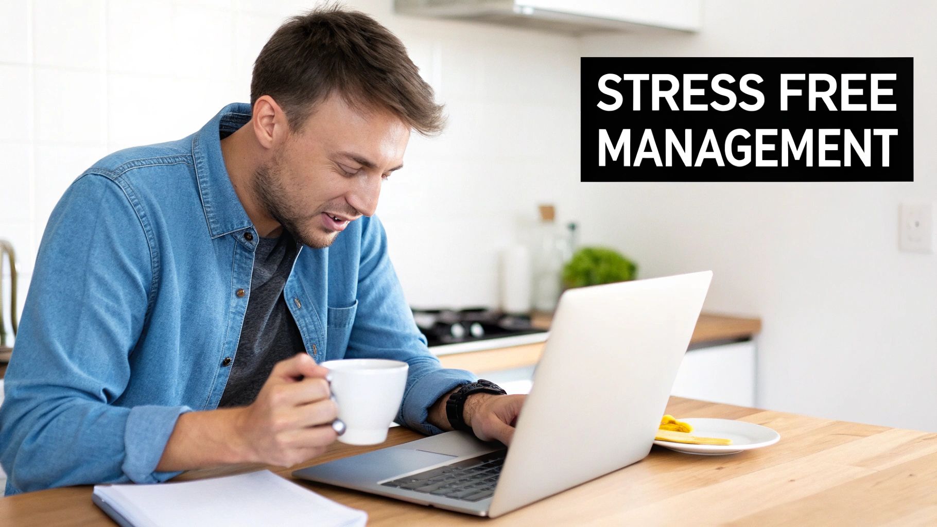 A man works on a laptop at his kitchen table, holding a mug, next to 'Stress Free Management' text.