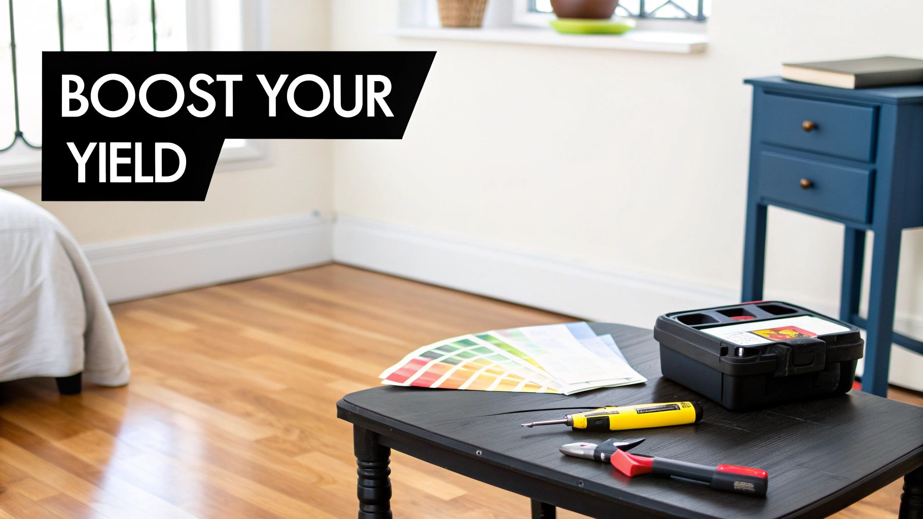 Tools, color swatches, and a toolbox on a black table in a room with a blue nightstand, highlighting property improvement.