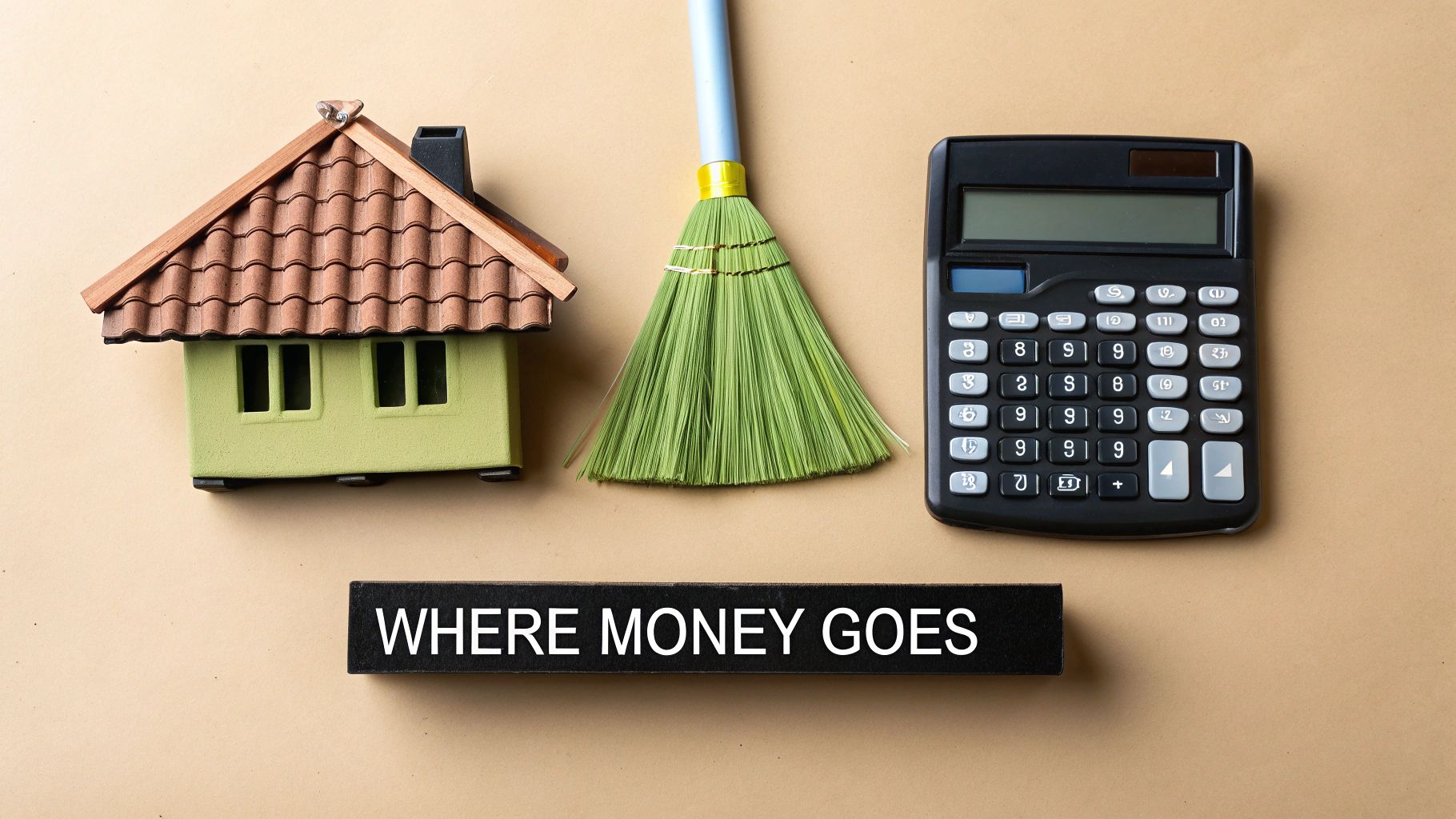 A miniature house, a small broom, and a calculator next to a block with 'WHERE MONEY GOES' text, on a beige background.