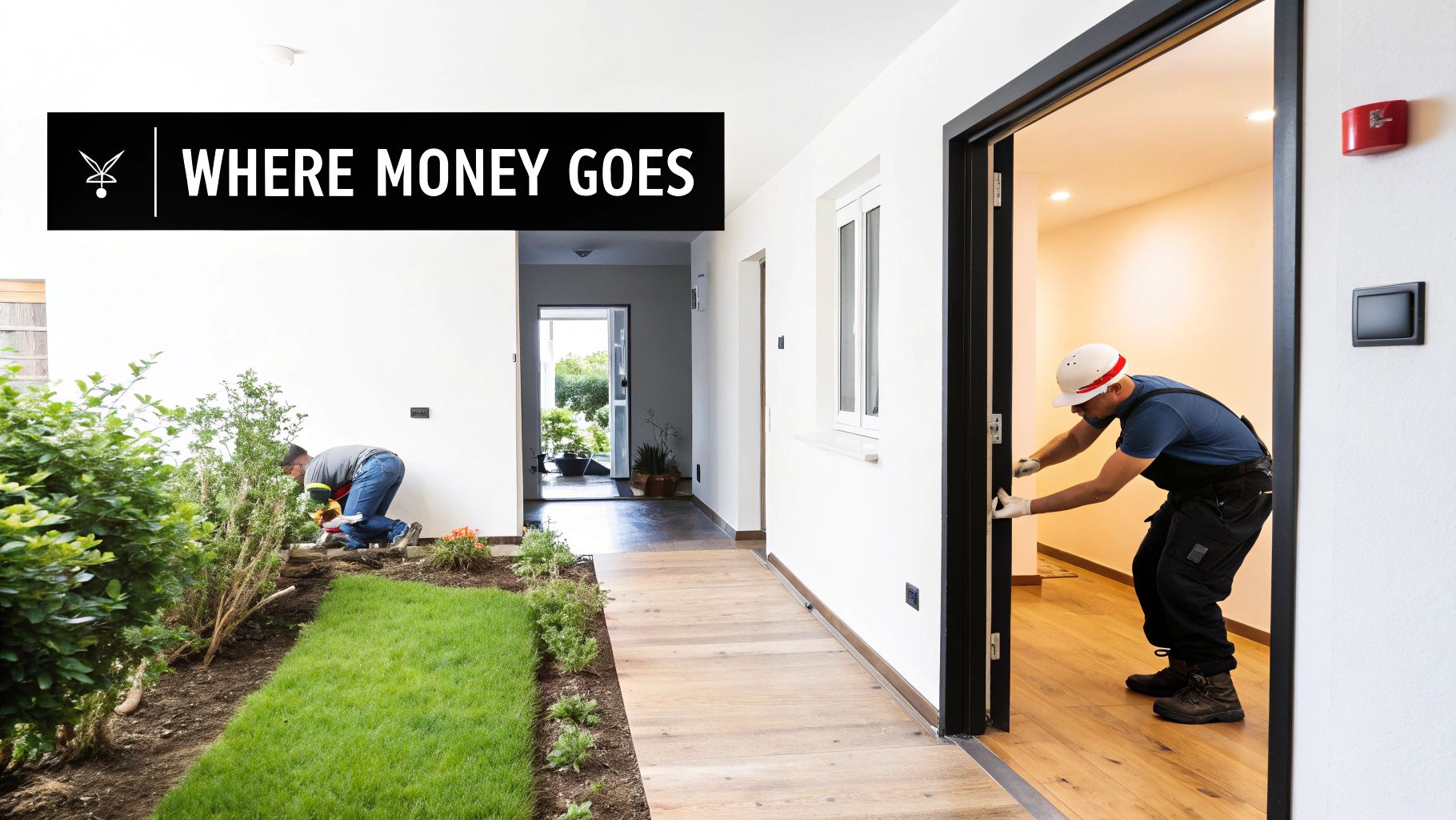 Two workers, one installing a door frame, the other gardening, in a modern building setting.
