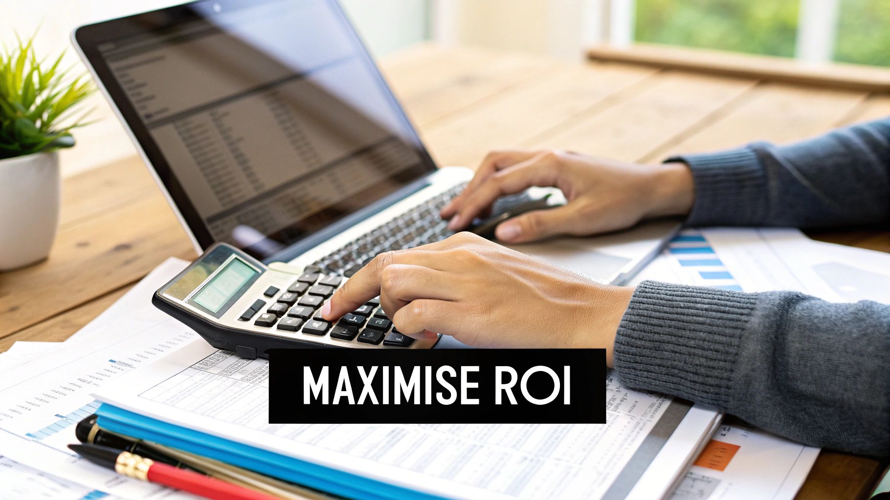 Hands calculating finances with a calculator and laptop, optimizing investments for maximum return.