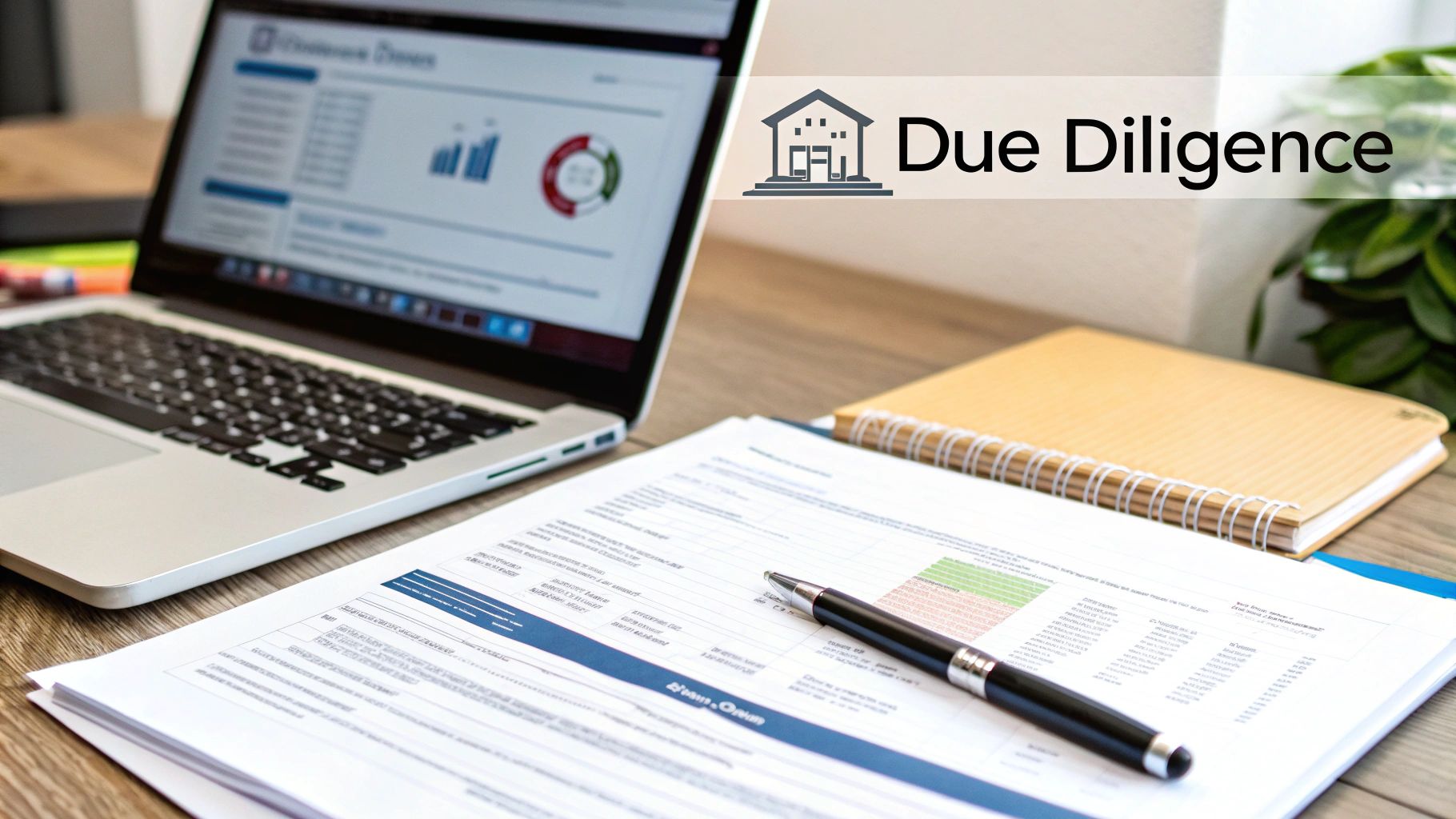 A laptop, documents with graphs, a pen, and a notebook on a desk with 'Due Diligence' text overlay.