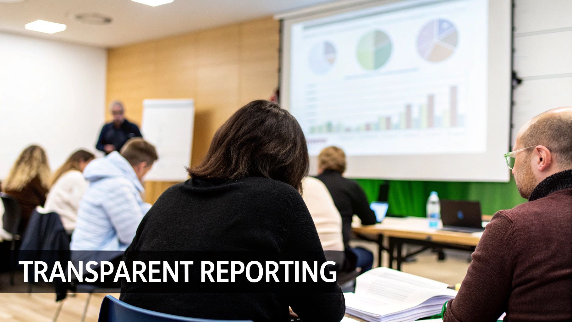 People attending a meeting or presentation, viewing charts and graphs on a projector screen.