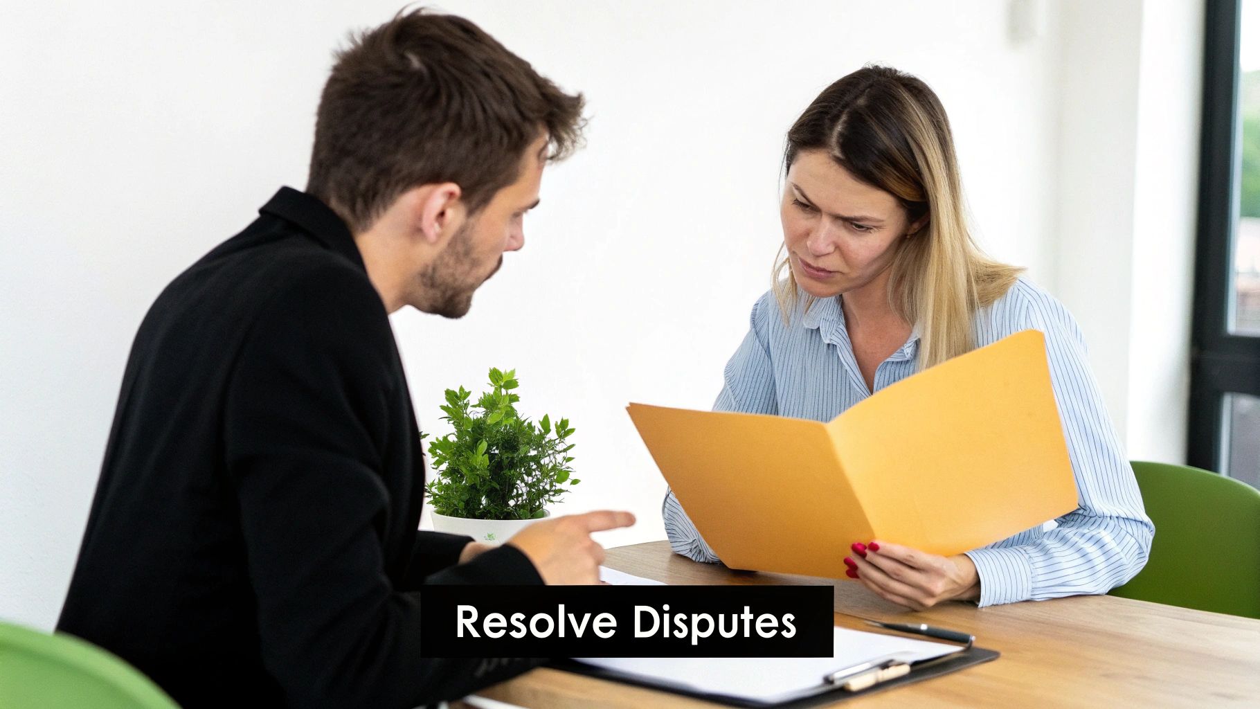Two professionals, a man and a woman, discussing documents in an orange folder to resolve disputes.