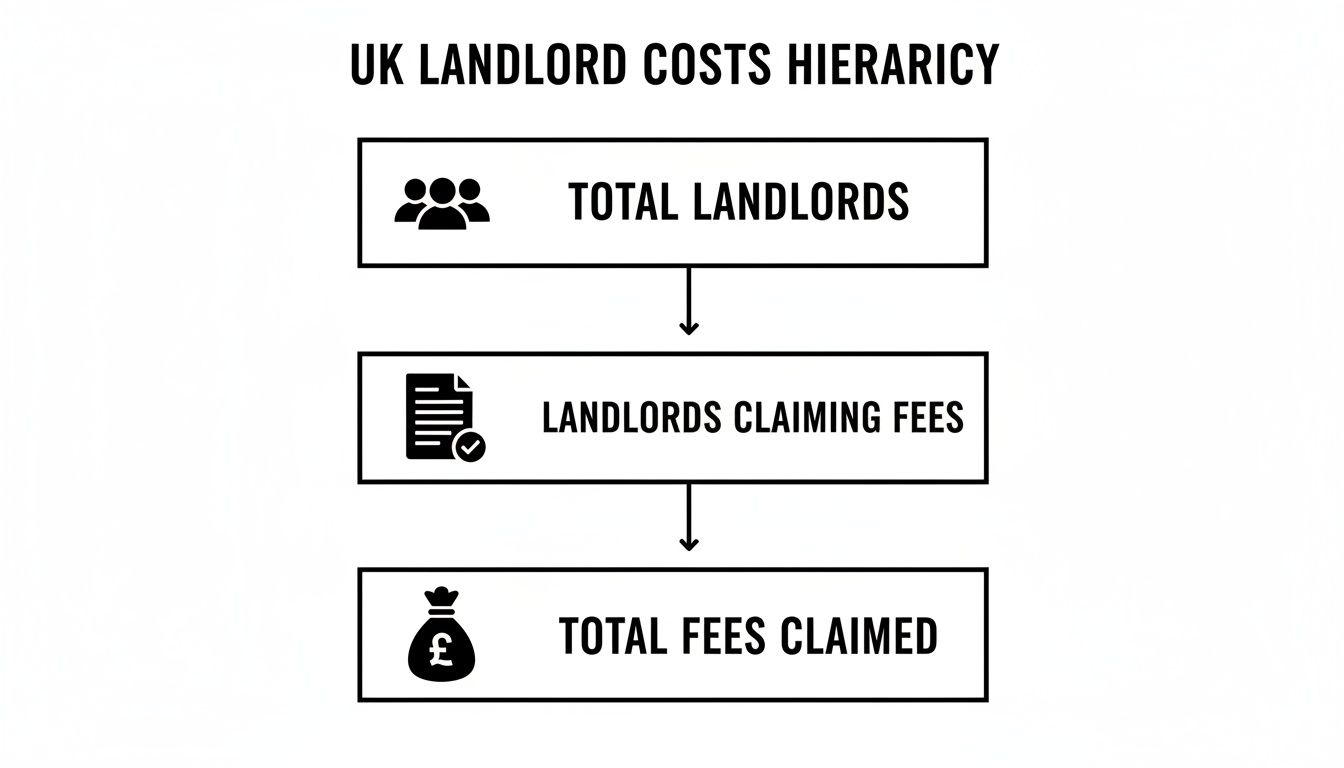 A flowchart illustrates the UK landlord costs hierarchy, showing total landlords, landlords claiming fees, and total fees claimed.