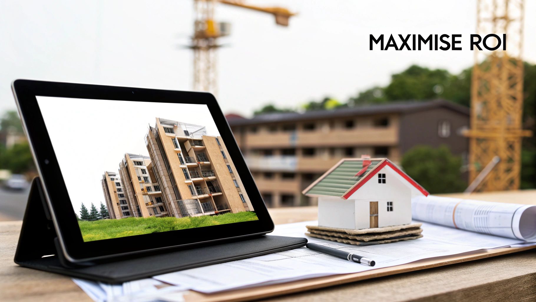 Construction project management scene: tablet displaying new apartments, model house, blueprints, and crane, for maximizing ROI.