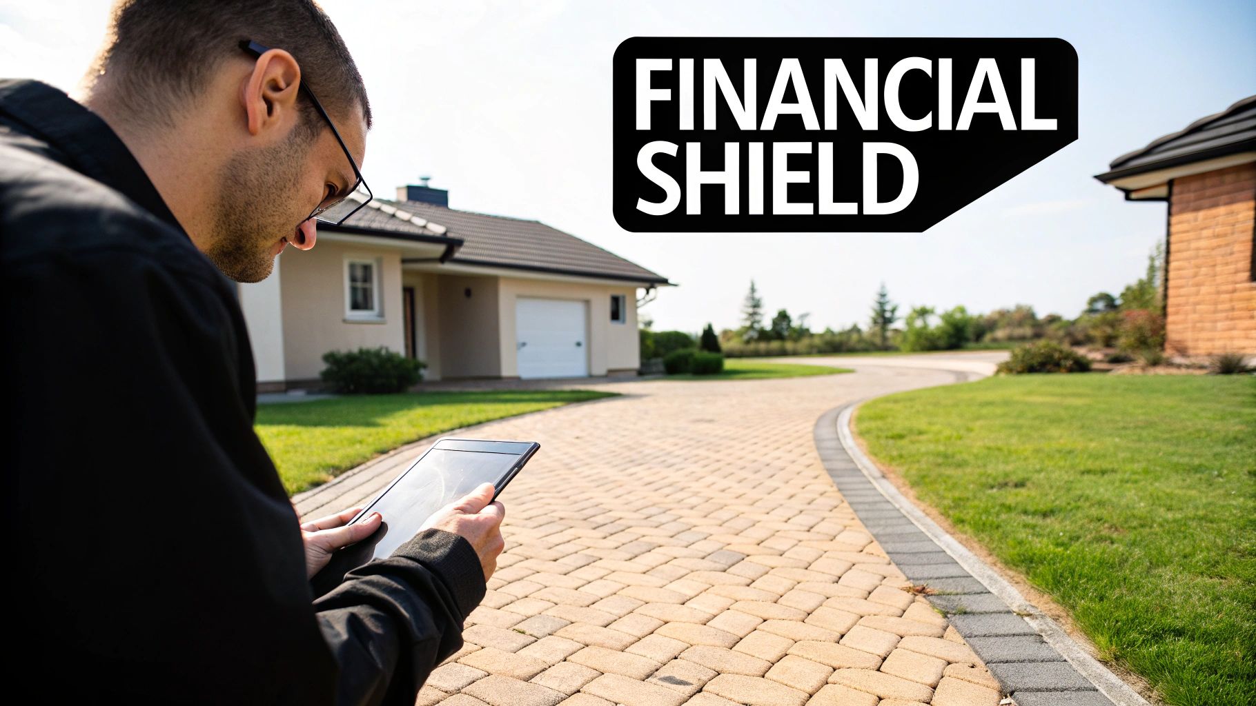 A landlord and tenant shaking hands in front of a modern rental property, symbolizing a secure agreement.