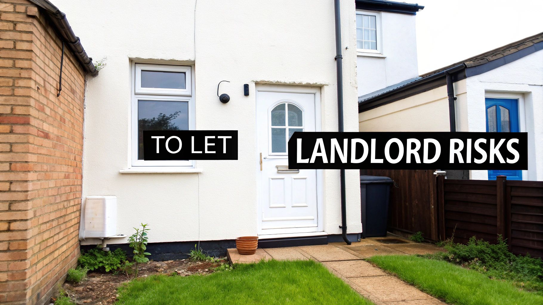 Front of a white house with 'TO LET' and 'LANDLORD RISKS' text, indicating a rental property.