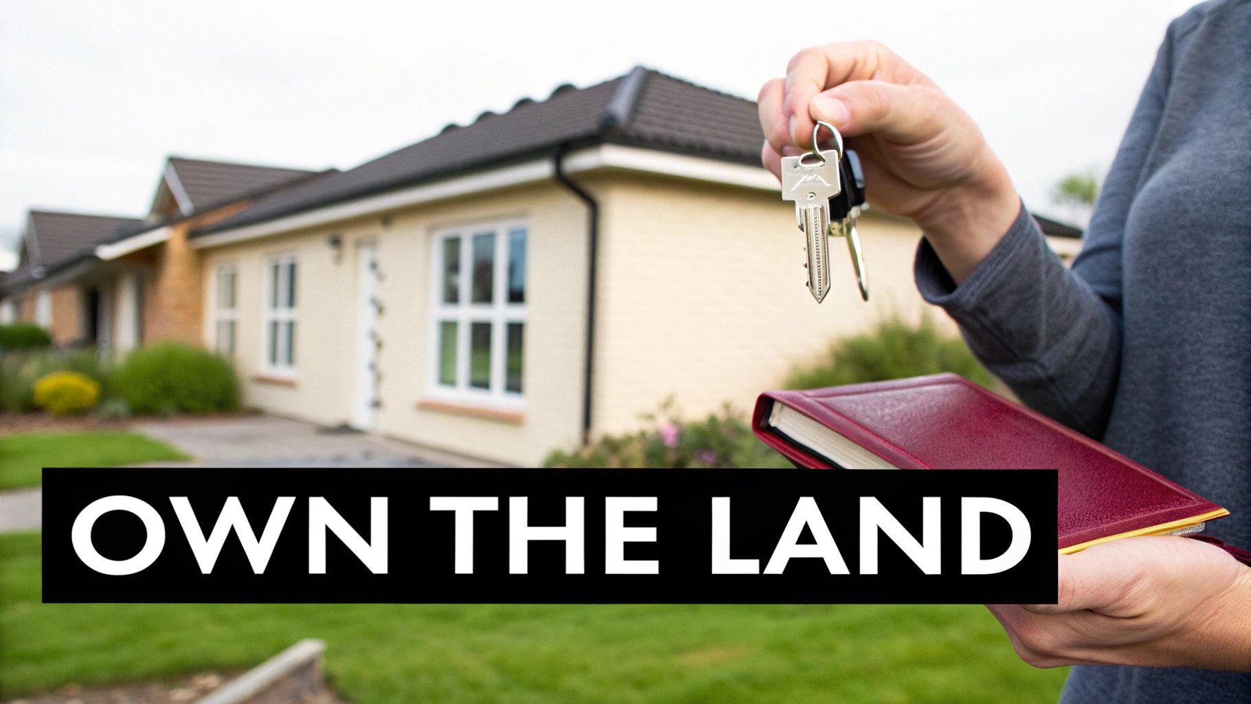 Real estate agent holding house keys with property deed in front of residential home