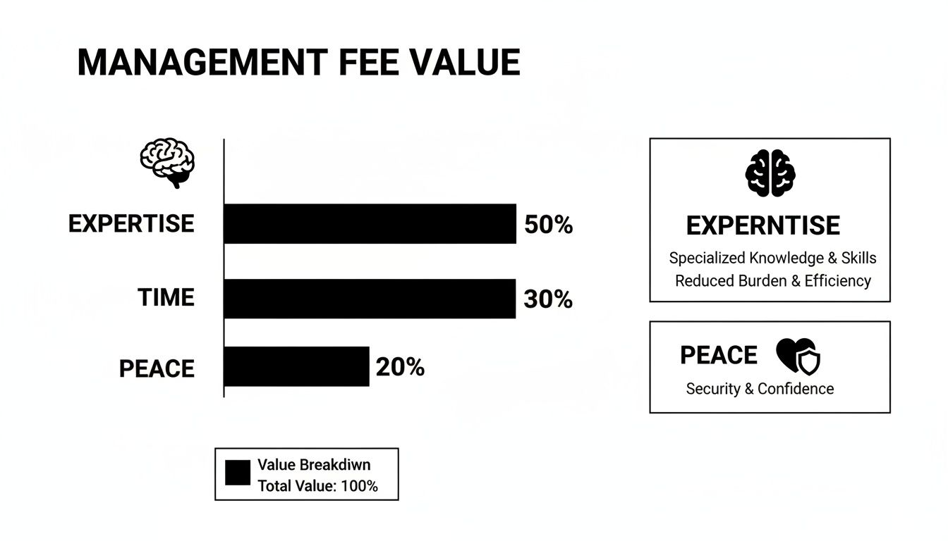 A bar chart illustrating the management fee value breakdown: expertise (50%), time (30%), and peace (20%).