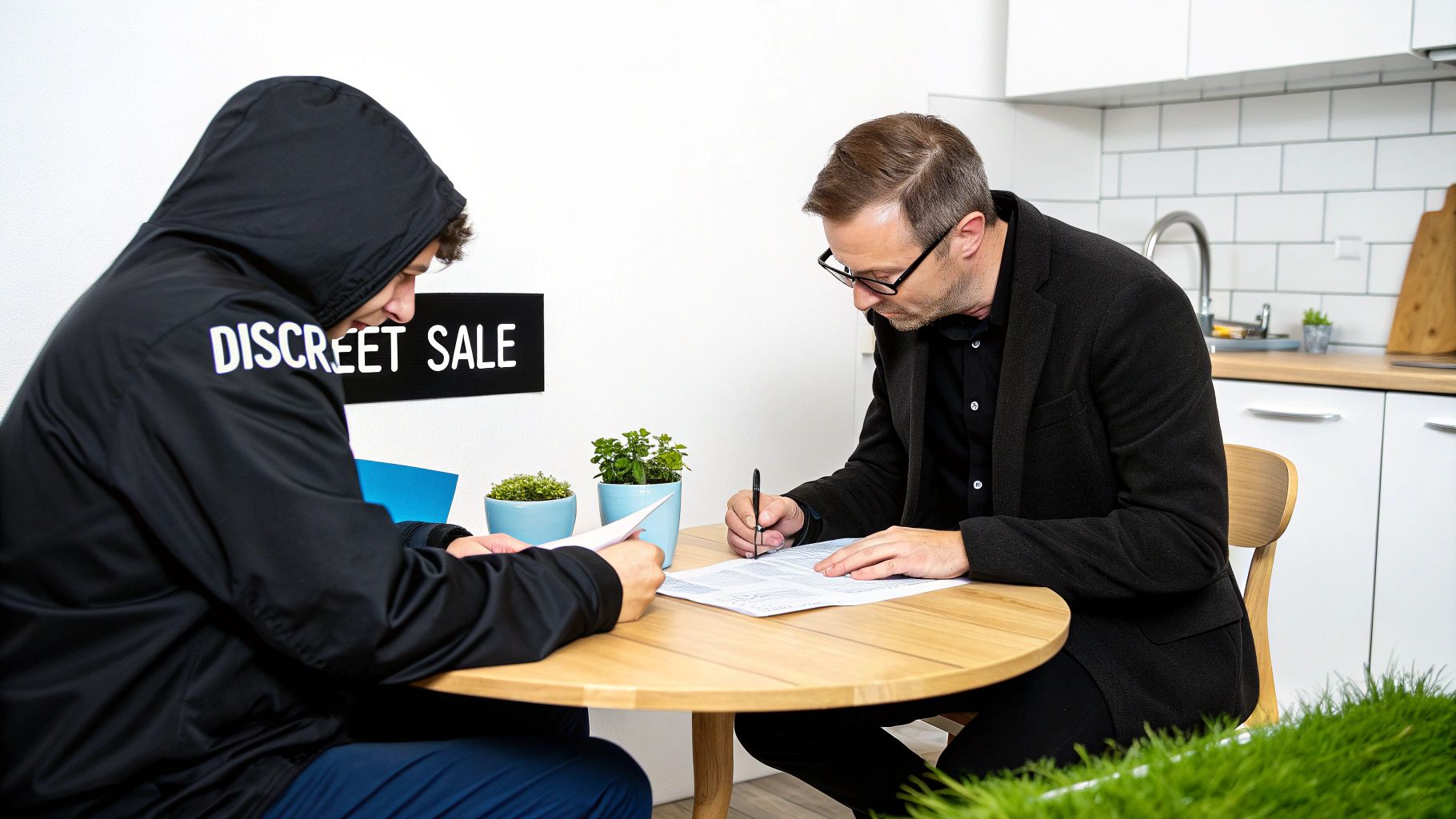 Two men signing documents at a table, one in a hoodie, with a 'DISCREET SALE' sign.