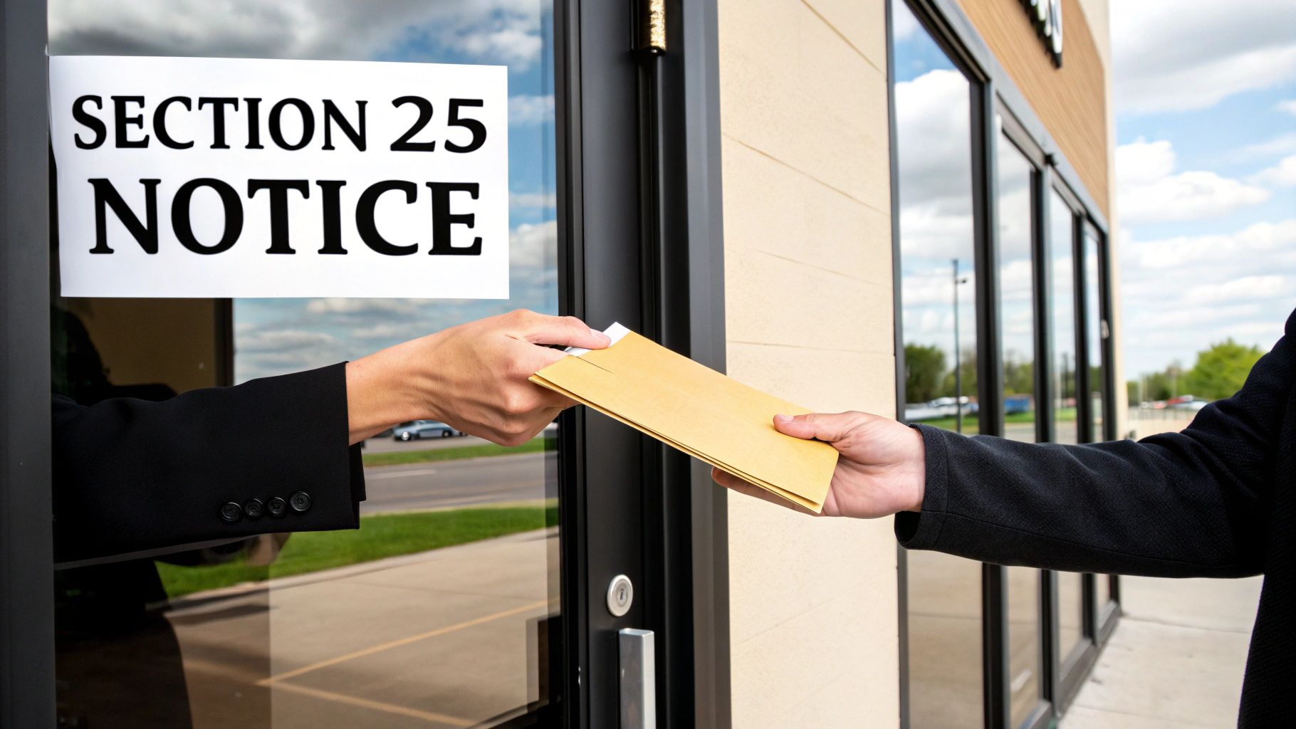 Two hands exchanging a brown envelope through a glass door with a 'SECTION 25 NOTICE' sign.