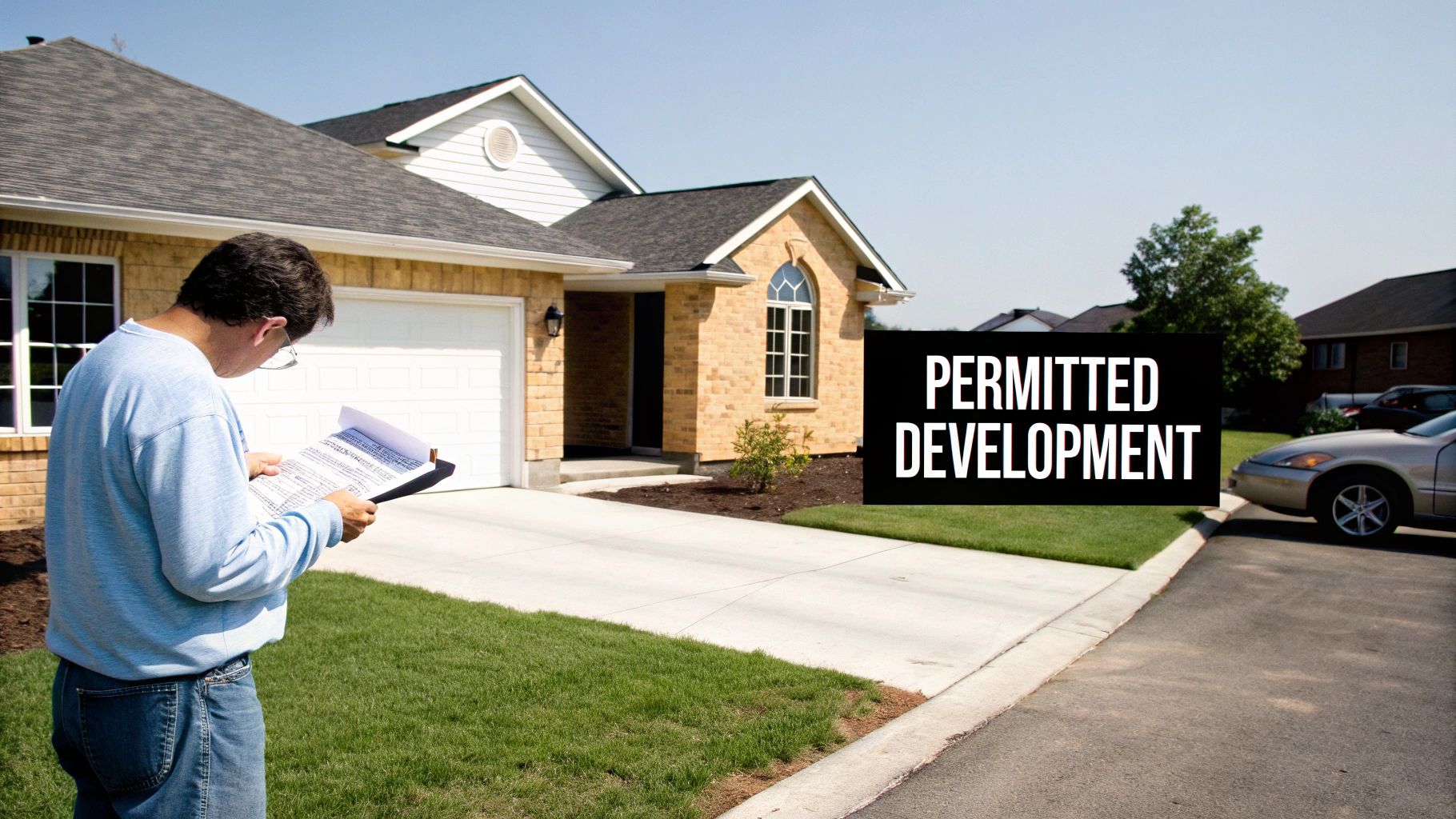 A man reviews documents in front of a new brick house, with a 'Permitted Development' sign.