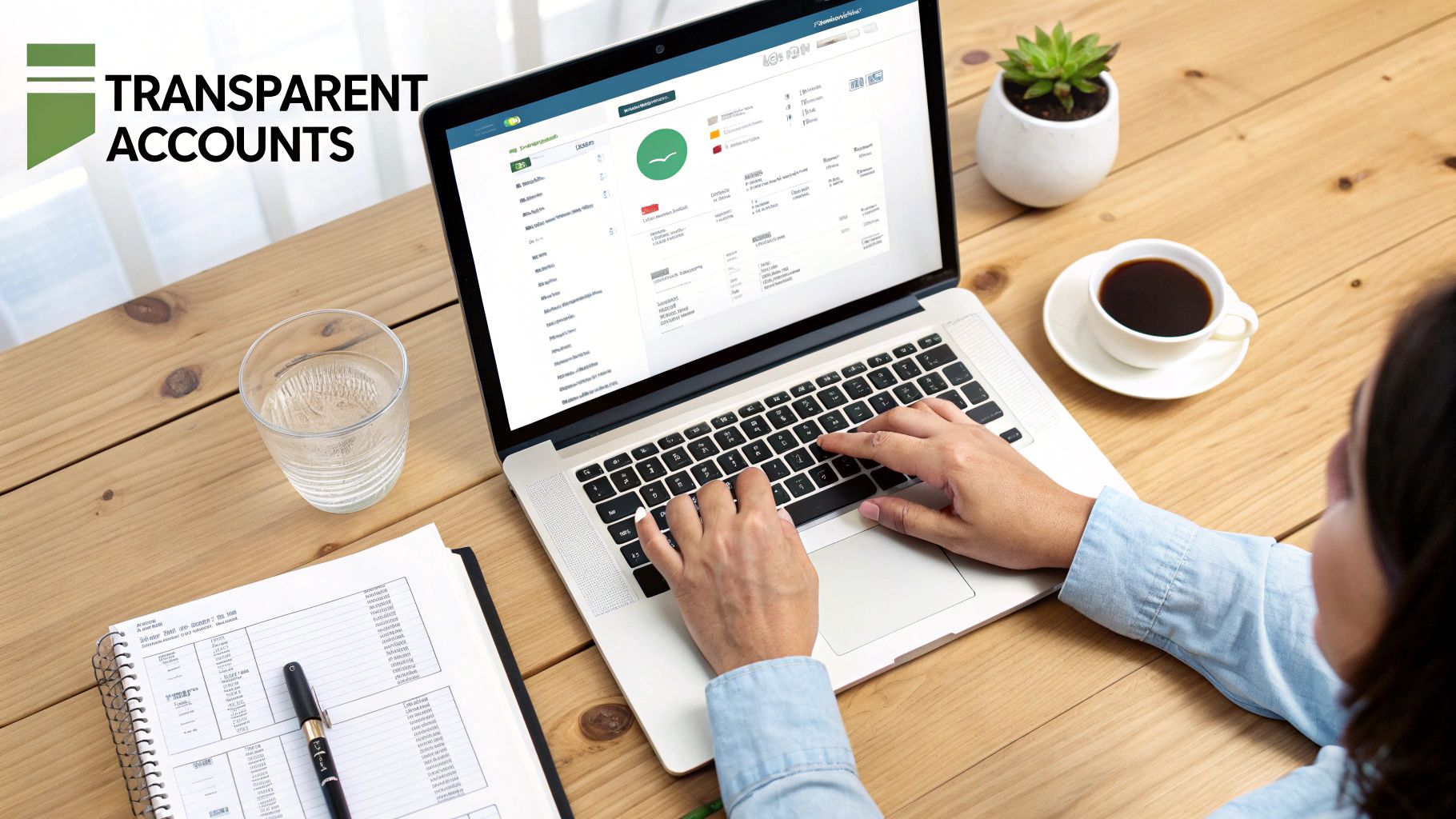 Person manages transparent accounts on a laptop, with coffee, water, and a notebook on a wooden desk.