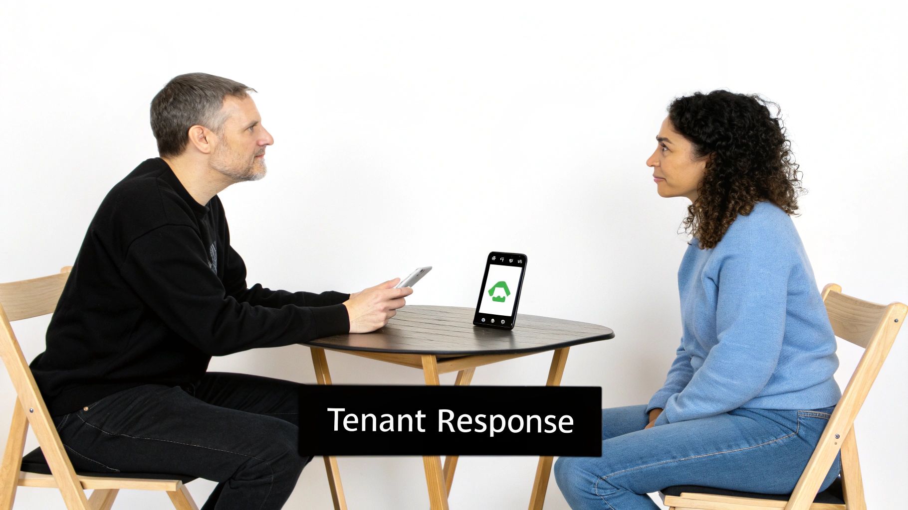 A man and a woman sitting at a table with smartphones, one showing a green house logo, implying a tenant response.
