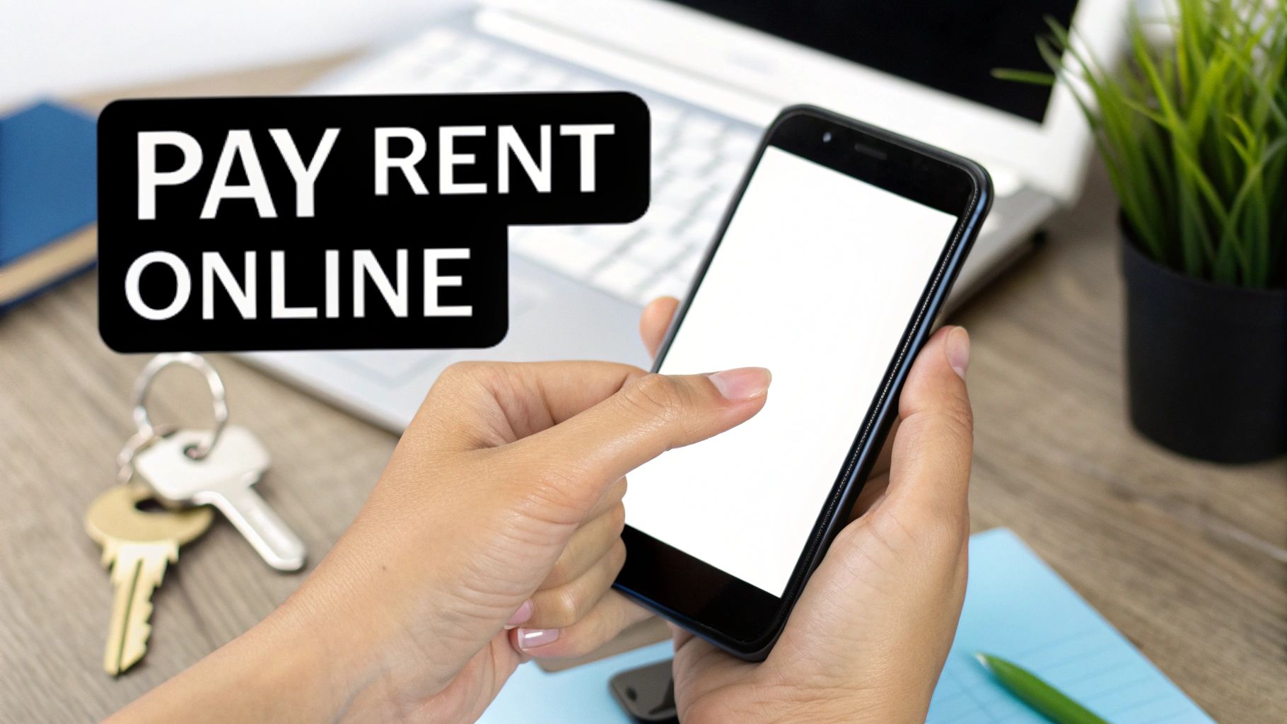Person using smartphone to pay rent online with keys and documents on desk