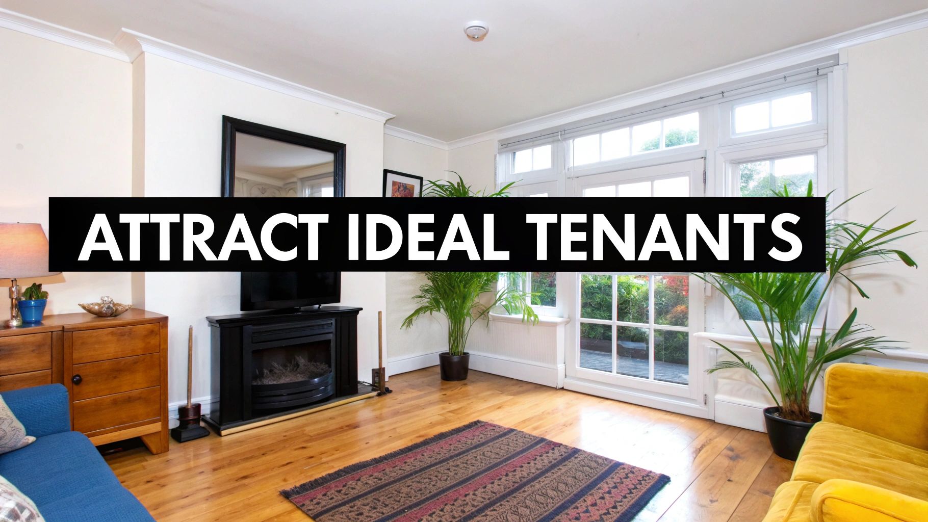 A bright and inviting living room with hardwood floors, a fireplace, plants, and large windows leading outdoors.