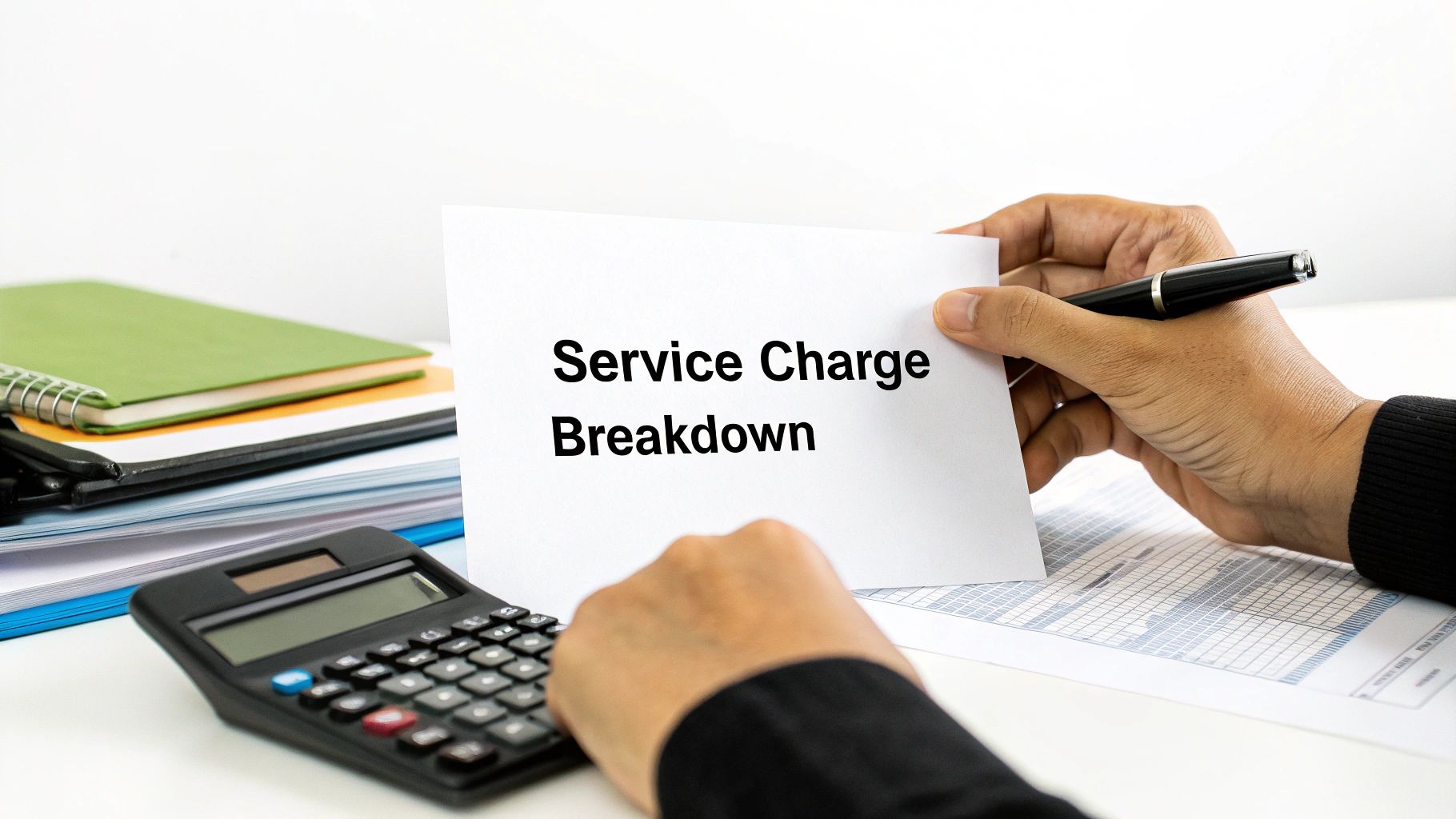 Hands holding a paper displaying 'Service Charge Breakdown' with a calculator and notebooks on a desk.
