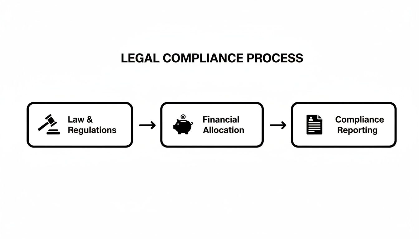 A legal compliance process flowchart showing steps for law & regulations, financial allocation, and compliance reporting.