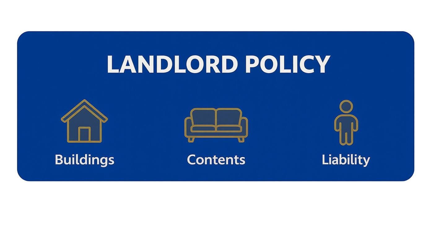A landlord policy graphic showing icons for buildings, contents, and liability insurance coverage.