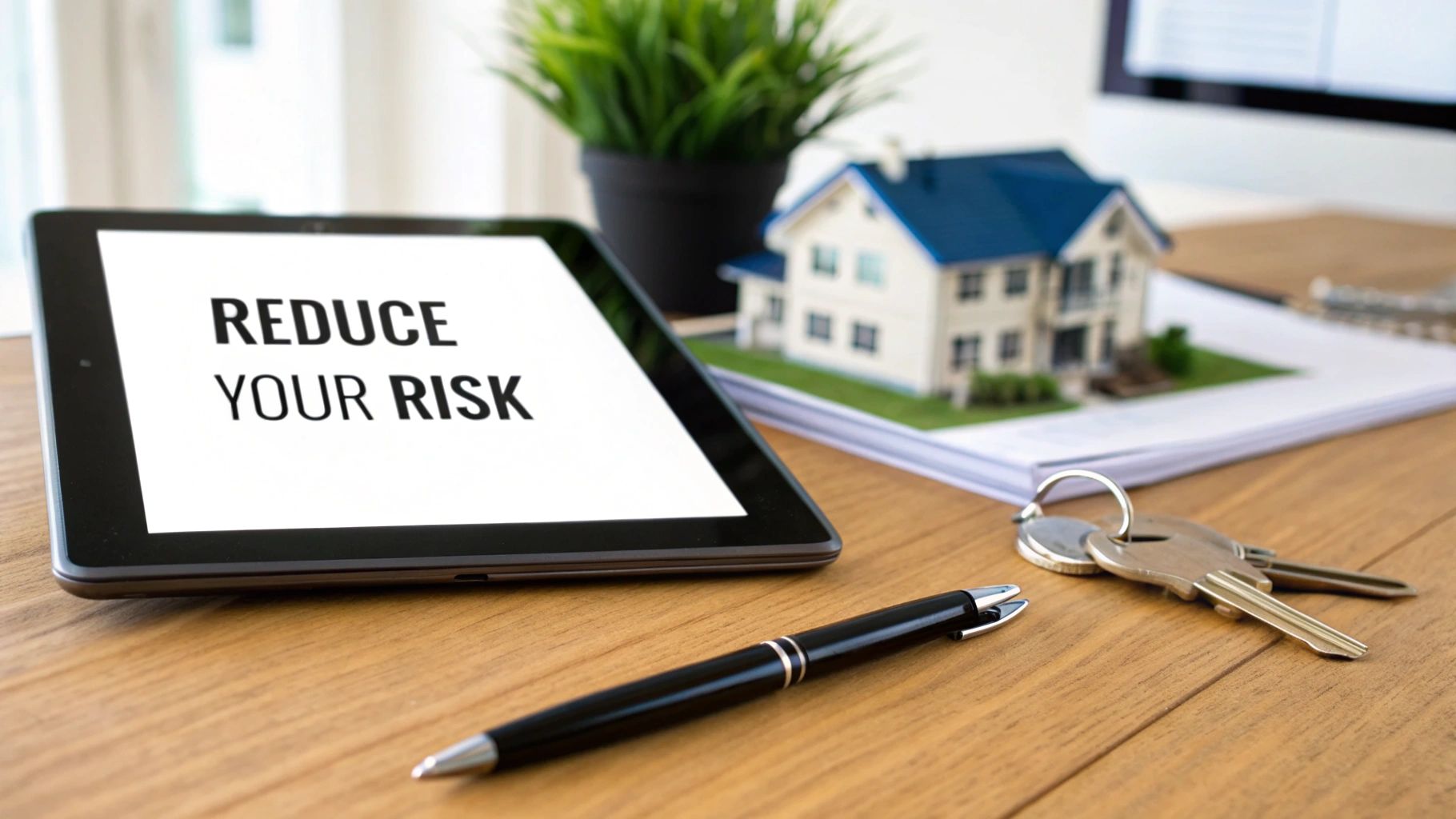 A tablet displaying 'REDUCE YOUR RISK' with a model house, keys, and pen on a wooden desk.