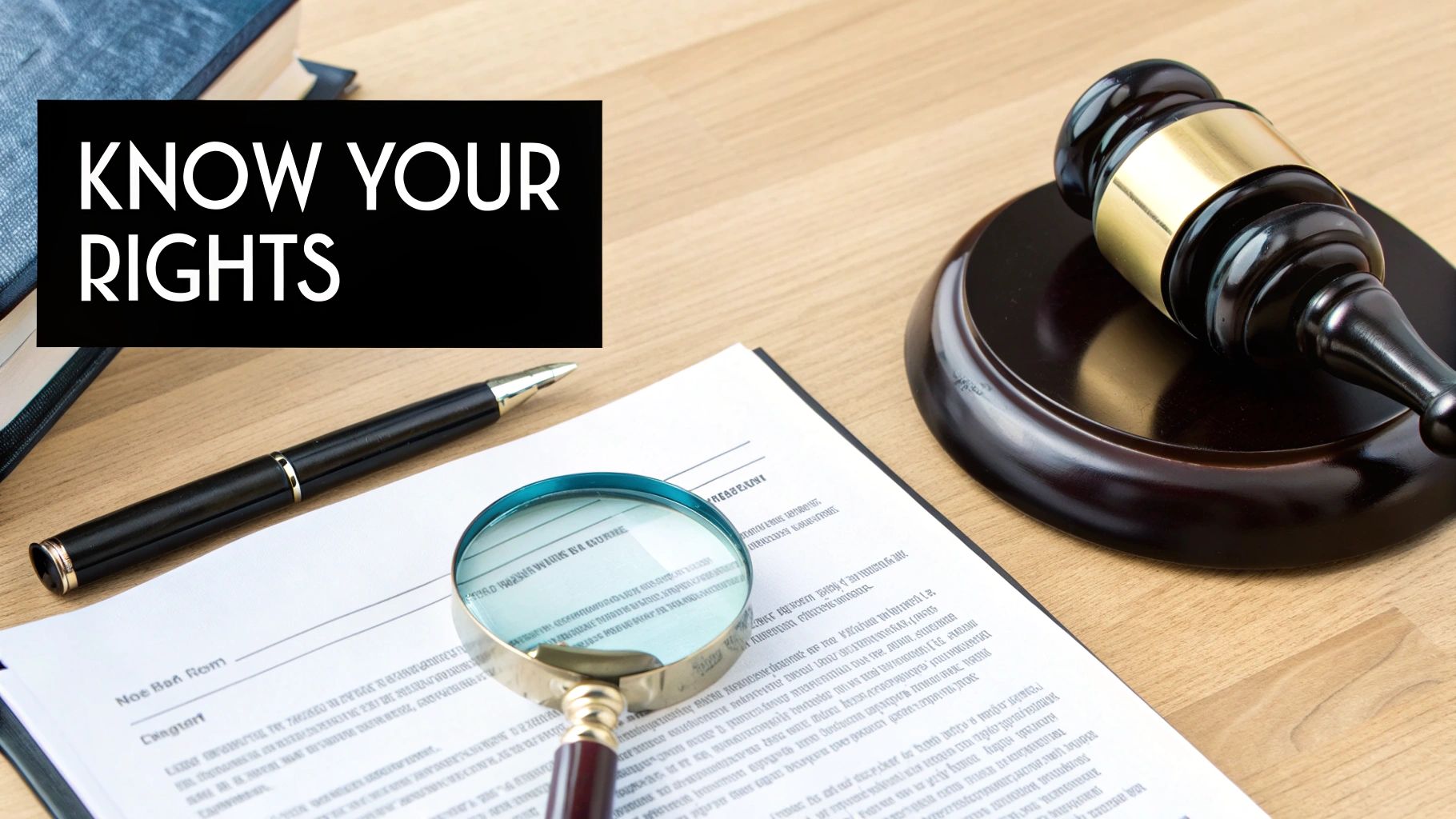 A gavel, legal document, magnifying glass, and pen on a desk with 'KNOW YOUR RIGHTS' text.