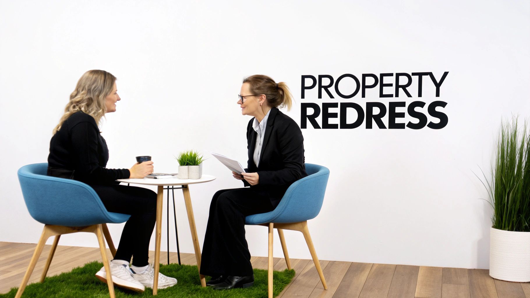 Two women, one a client and one a professional, discussing property redress at a table.