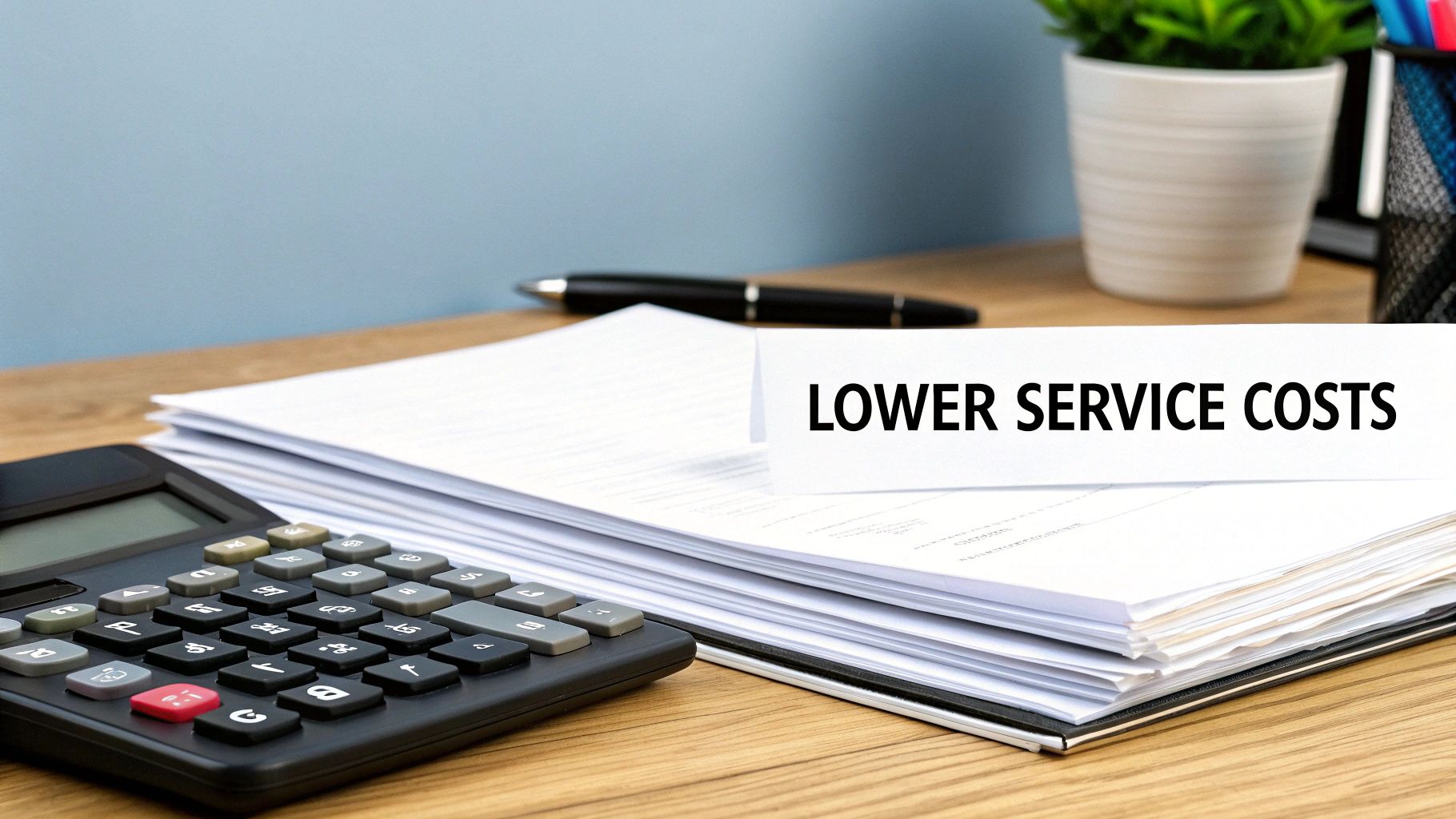 Calculator and documents on a desk, symbolising financial control and lower service costs in property management