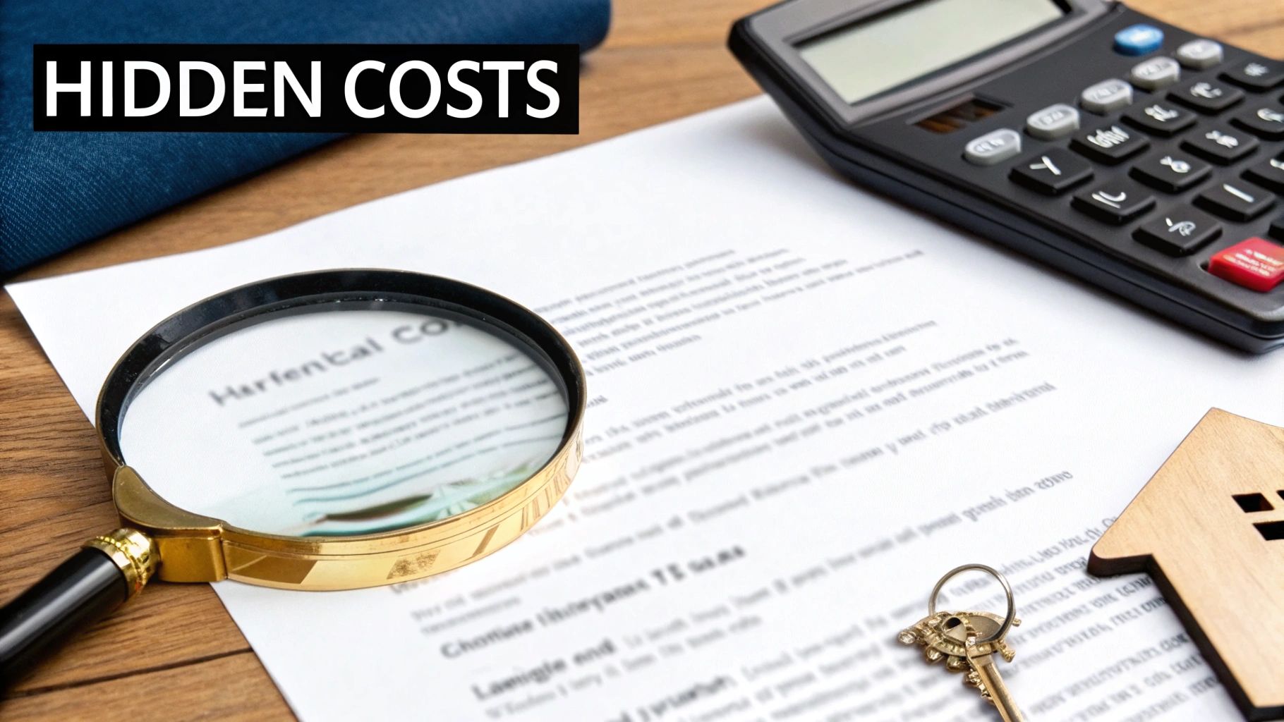 A magnifying glass on a document, calculator, house model, and keys, illustrating hidden costs.