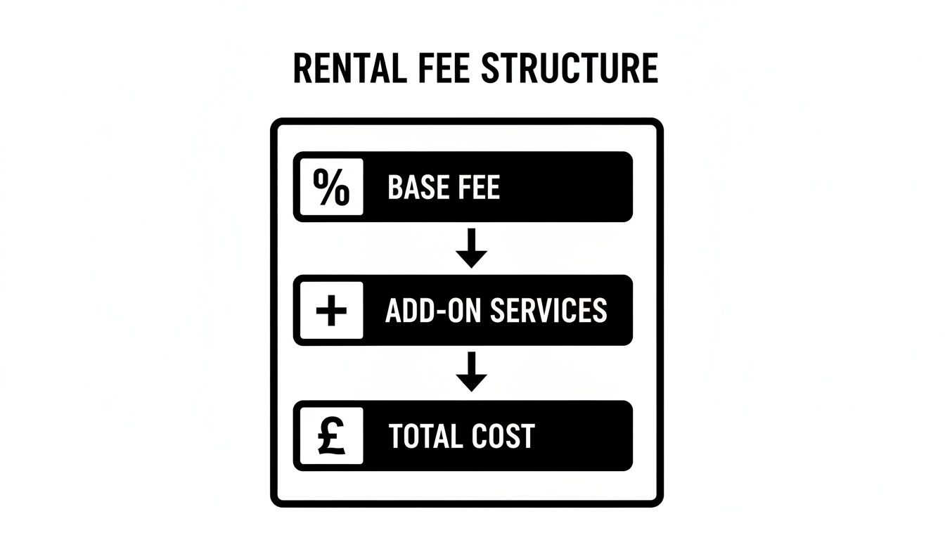 Diagram illustrating the rental fee structure: base fee, add-on services, and total cost calculation.
