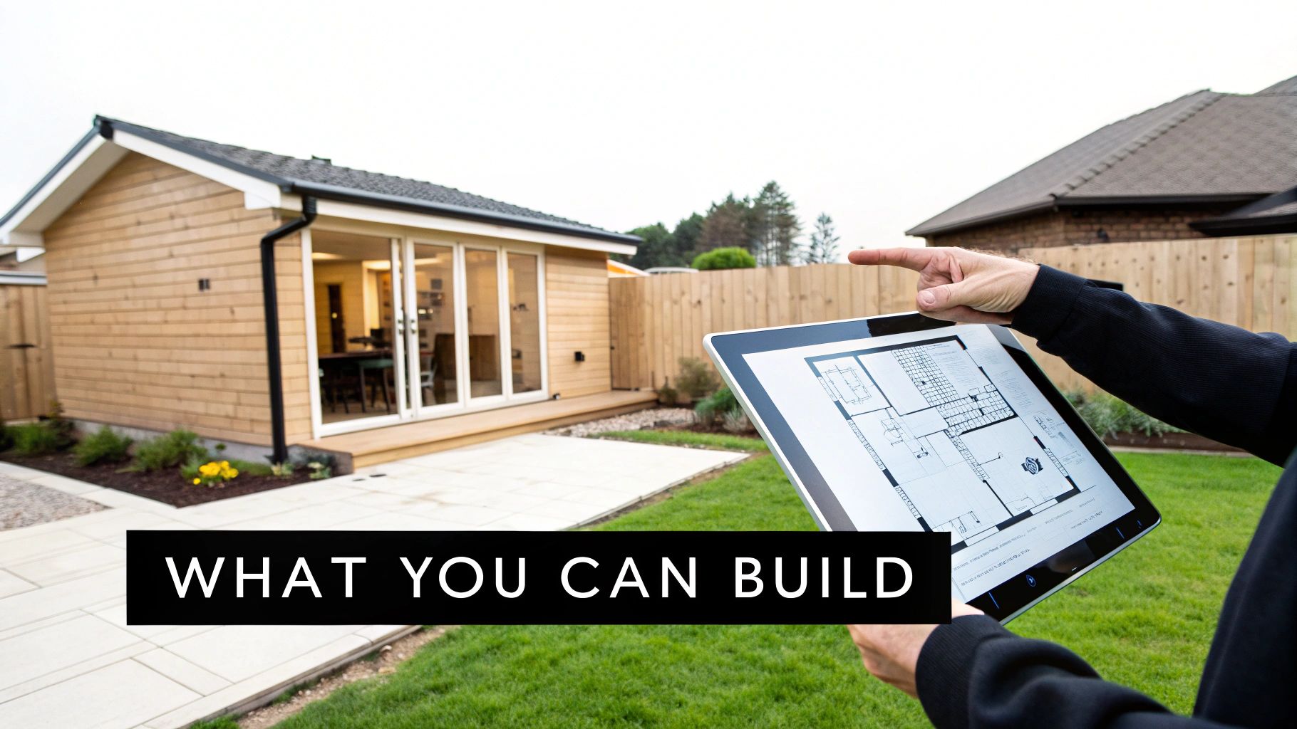 A person points at a tablet showing a floor plan, with a modern wooden garden office in the background.