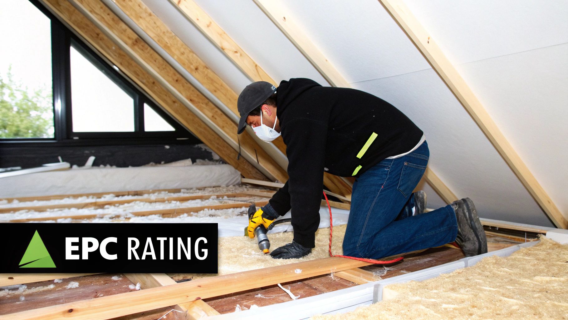 A worker installs insulation in an attic, improving a home's energy efficiency for its EPC rating.