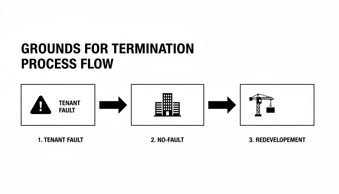 A process flow diagram illustrates grounds for tenant termination, including tenant fault, no-fault, and redevelopment.