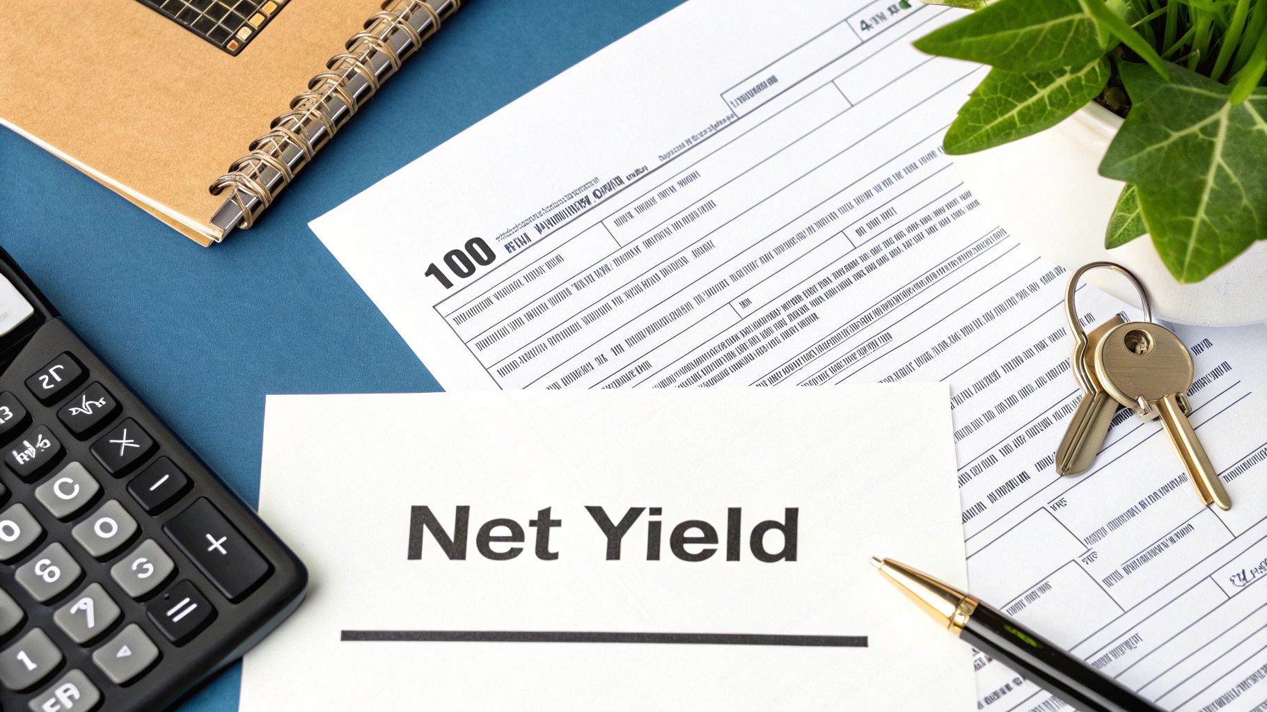 A top-down view of financial documents, a calculator, a pen, keys, and a plant on a blue desk. One paper says 'Net Yield'.