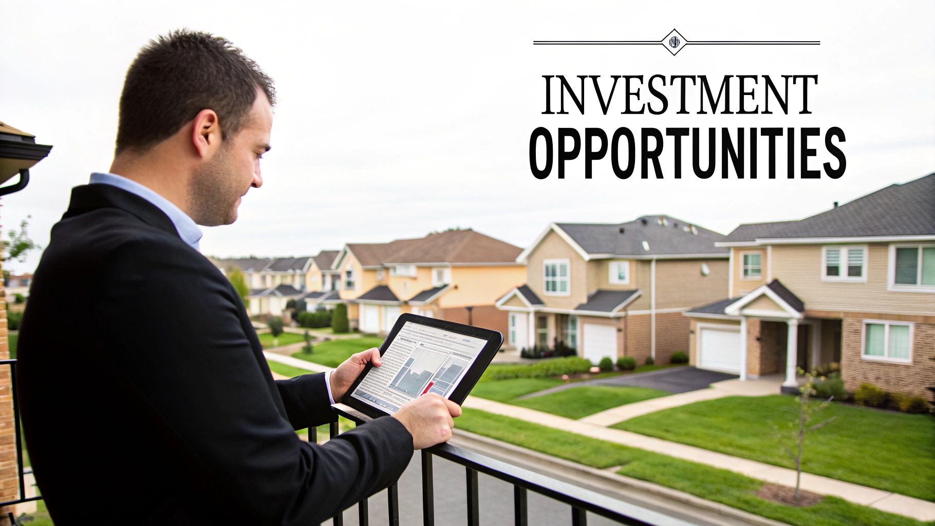 A man in a suit looks at investment charts on a tablet from a balcony overlooking suburban houses.