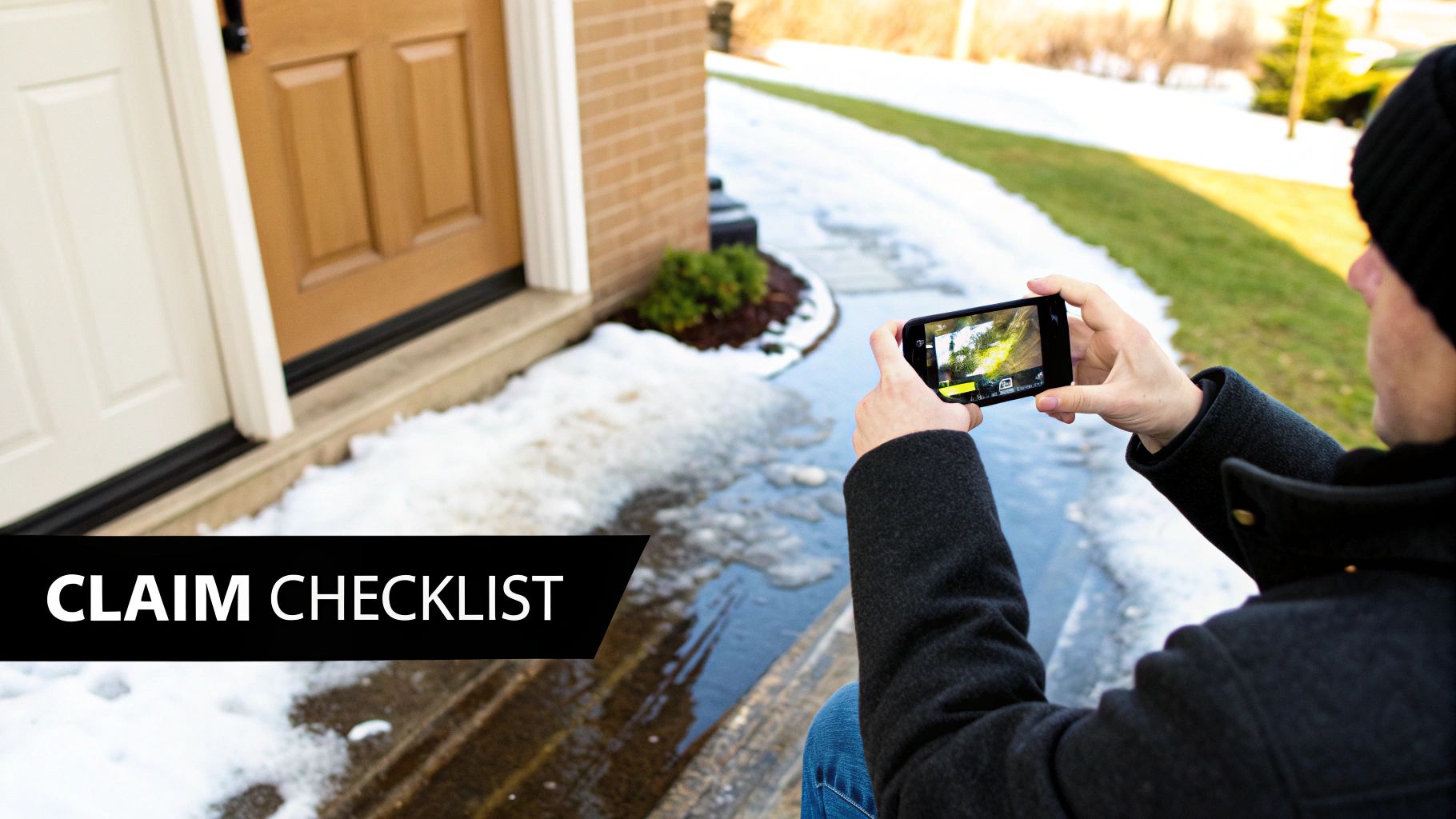Person using a smartphone to photograph snowmelt and standing water near a house entrance.