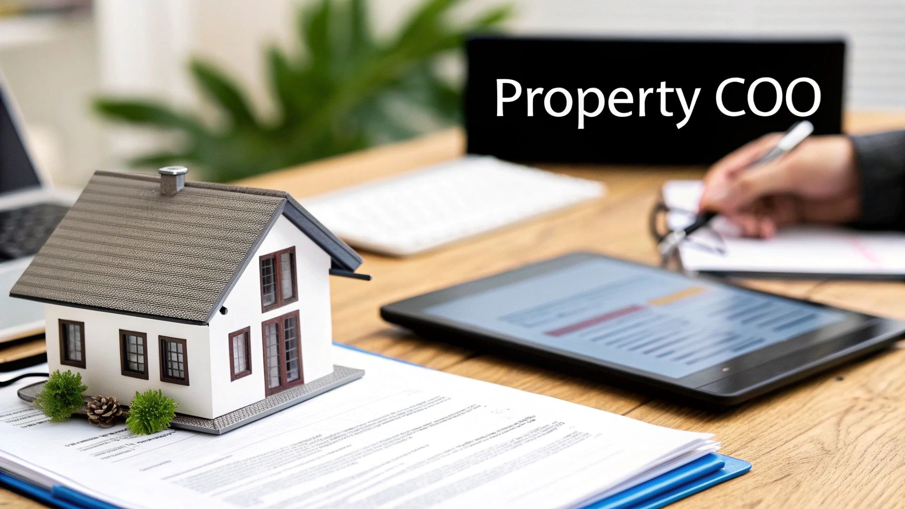 A miniature house model on property documents, with a tablet, laptop, and a person writing. A 'Property COO' sign is in the background.