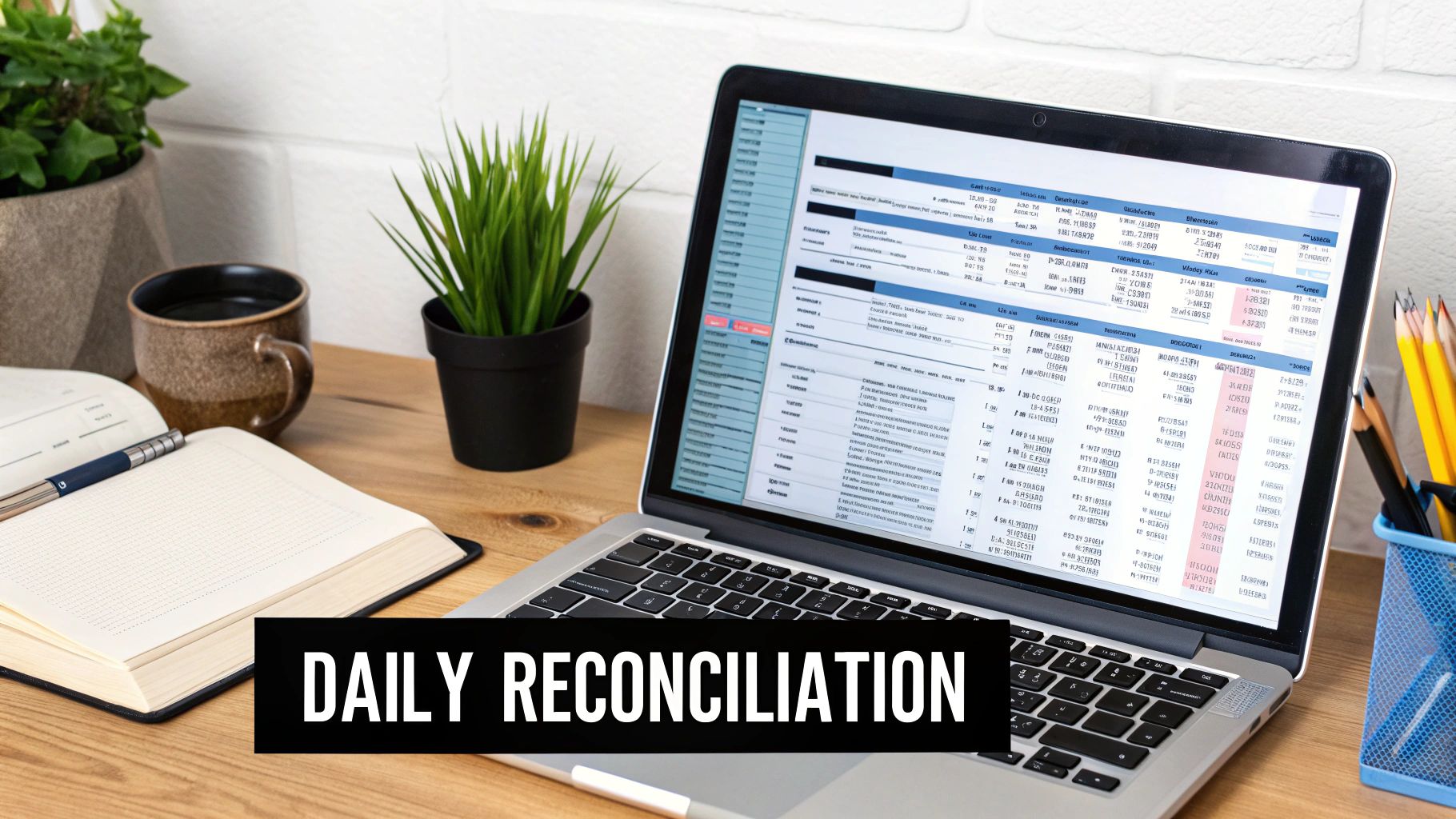 A close-up of a person's hands using a calculator and writing in a ledger, representing the daily tasks of bookkeeping.