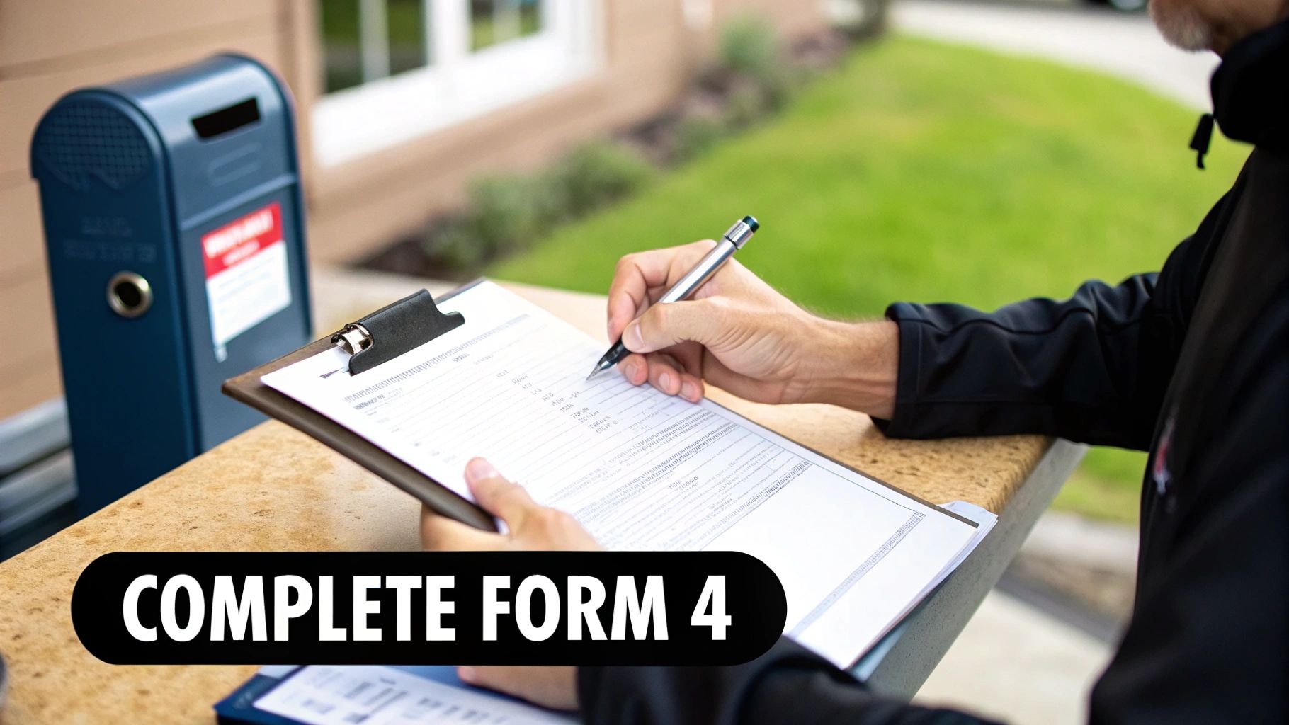 A person's hands are shown writing on a form attached to a clipboard outdoors.